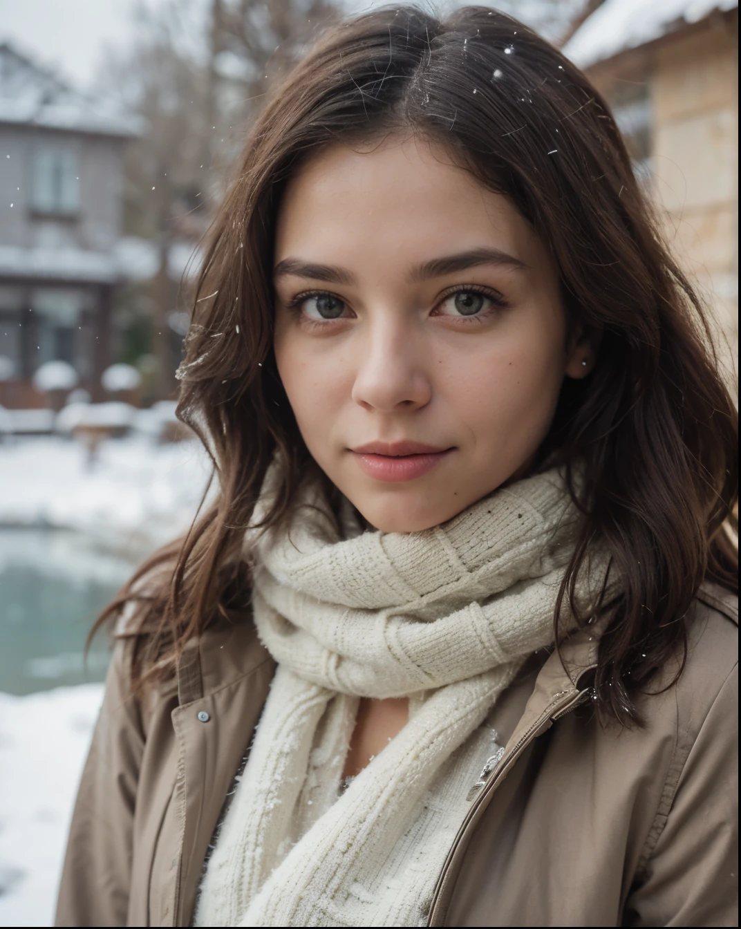 Cute beautiful sexy European light-green-eyed brunette, 22 years old,
girl is wearing warm winter coat, near frozen lake, scarf, bonnet, snowing outside, winter, frozen lake, full body view, very cold outside,
innocent face, face-length 1.3 times the face-width, almond-shaped eyes, squared face-shape, high cheekbones, naturally wavy hair, light-green eyes, high-res, masterpiece, best quality, intricate details, very detailed, sharp focus, detailed skin, realistic skin texture, texture, detailed eyes, professional, 4k, charming smile, shot with Canon, depth of field, Kodak Vision color, perfectly fitting body, extremely detailed, photo_\( ultra\), photorealistic, realistic, post processing, maximum details, roughness, real life, ultrarealistic, photorealism, photography, 8k UHD, photography