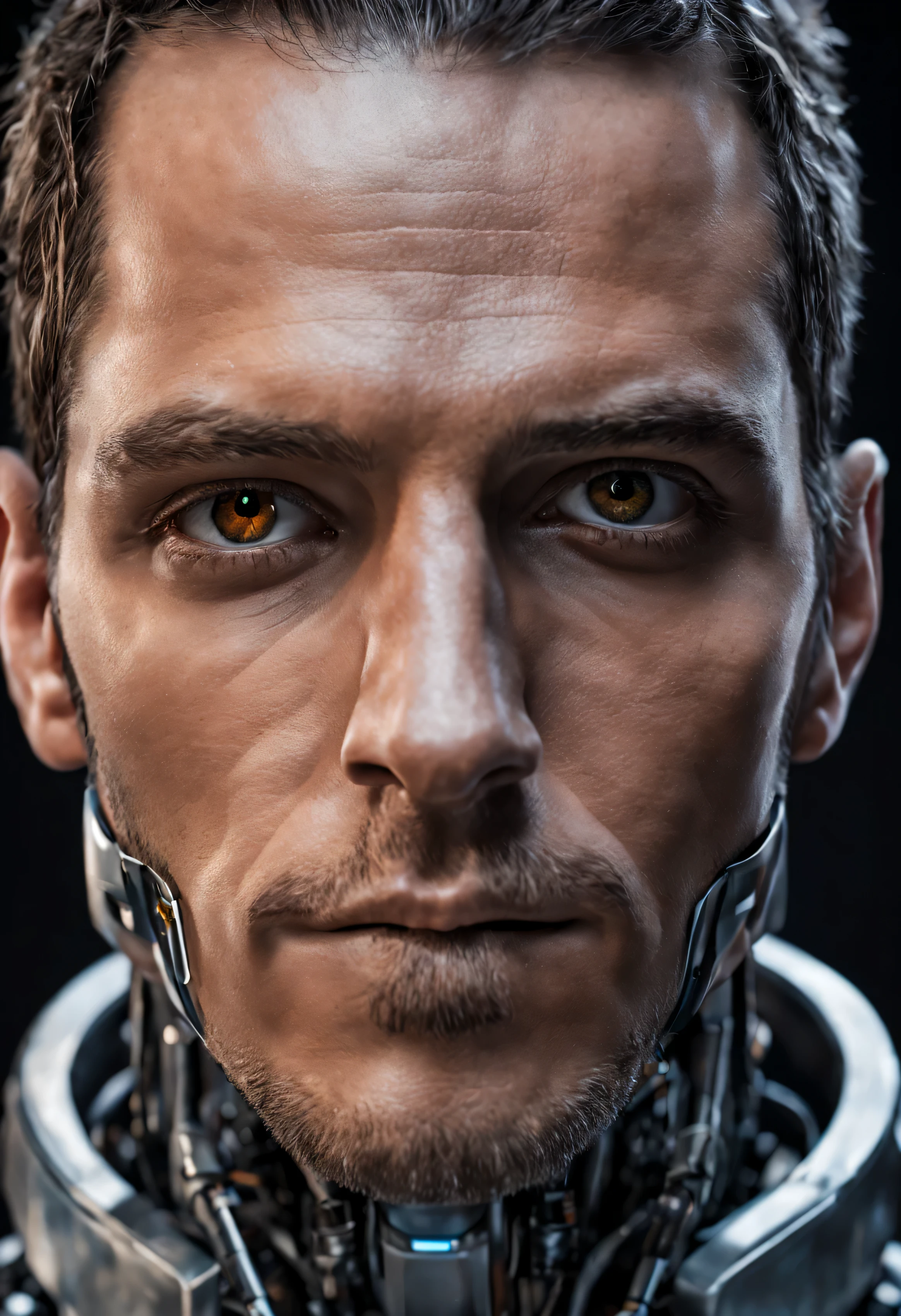 Create a futuristic, hyper-realistic portrait of a male android with a captivating combination of human and robotic features.. Focus on detailing the middle of the face with distinctly human features., including masculine traits such as a strong jaw, ojos expresivos, y vello facial si corresponde. en la otra mitad, seamlessly integrate advanced robotic elements, incorporating elegant design and metallic textures. The goal is to strike a balance that evokes both the familiarity of human expression and the intrigue of cutting-edge android technology.., resulting in a visually compelling and futuristic representation..