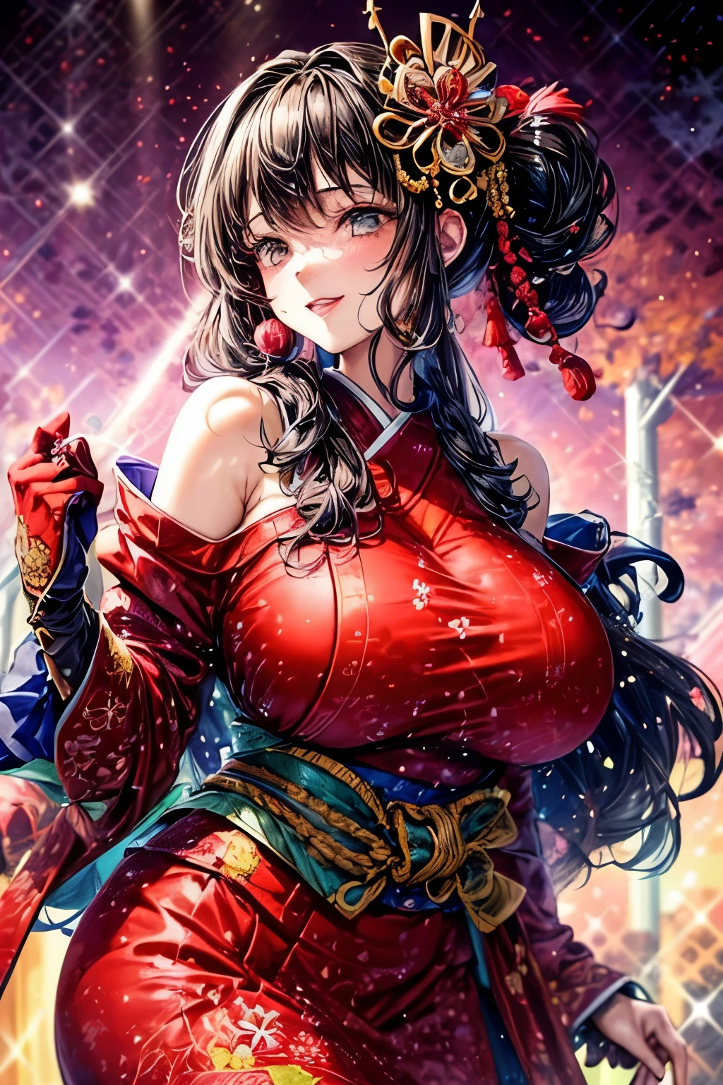 ((worst quality, low-quality)), ((a closeup)), (girl with:1.2), (Big breasts), (A dark-haired, short-cut:1.3), (Dynamic Pose:1.2),plump shiny lips, Beautiful clear eyes, (The best smile), Spoken Heart, (perfect hand:1.2), (red and Pink theme:1.4), (Japanese courtesan girl with:1.3), (Comes with maxi length red kimono [Pink] Obi:1.4), (Highly detailed and colorful embroidery and fancy patterns:1.3), (off shoulders:1.4), (geta:1.2), (Fancy hair ornaments:1.3), ((super huge ribbon:1.2) in front of the waist:1.3), low angle shot, (Bewitching light, rays of moonlight:1.4), (Background of the playground:1.2), masutepiece,Best Quality,ultra-detailliert, ​masterpiece,