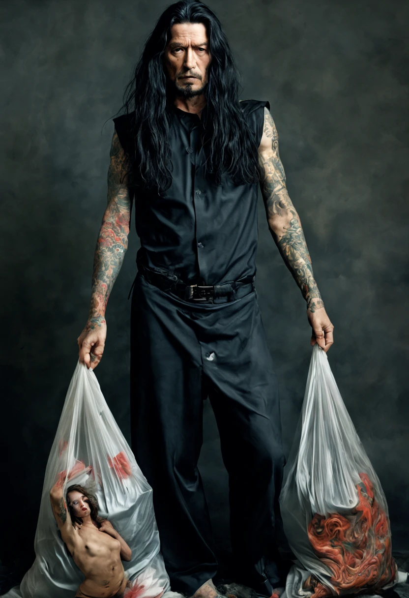 Bettina rheims,pagan saint, by Shohei Otomo, by Hans Bellmer, Full body shot of an ancient pagan saint with long hair in a trash bags membranes + full body tattoos in the style of Mona Kuhn photography, the person is going through a heartbreak, tattoes, sacred, icon,  adoration anticipation ecstatic excited in love