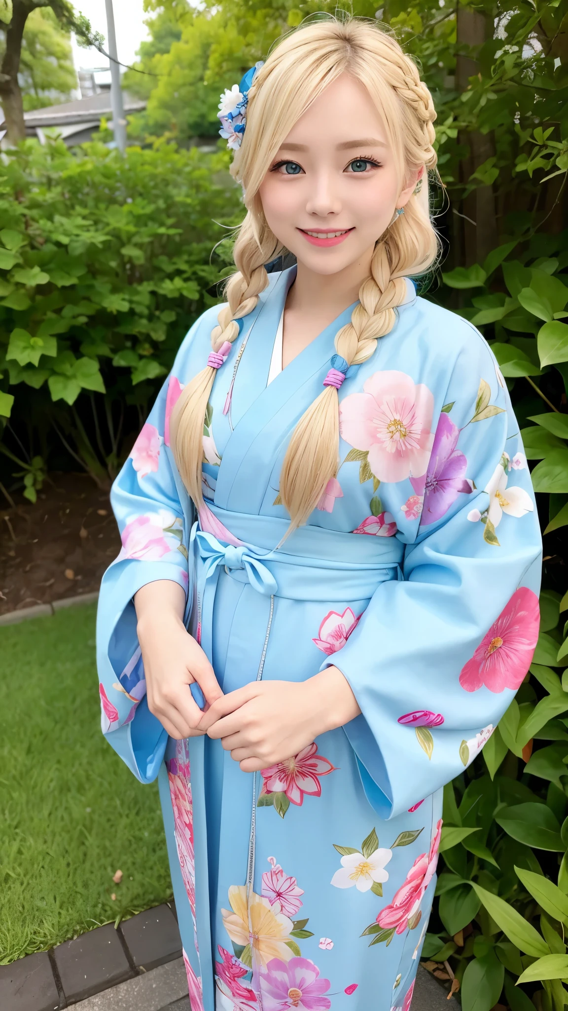 blonde kimono beauty、fancy floral kimono、My cute girlfriend is a kimono model.、blue eyes、Beautiful smile、he is short、Braid、hair ornaments、Colorful and flashy kimono