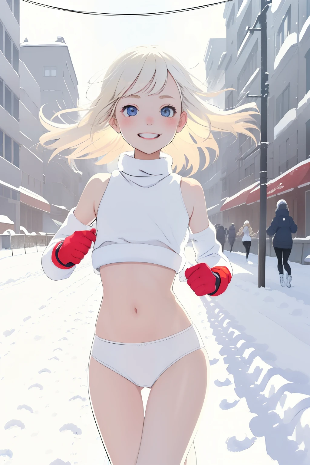 (superflat, flat shading, flat colors:1.1), (winter:1.2),  (snow:1.2), (city street), 1girl, petite, loli, blonde hair, (white crop top:1.2), (white panties:1.2), smile, fun, blush, running, jogging, winter, snow, bright sunlight, vibrant colors, best shadows, watercolor,