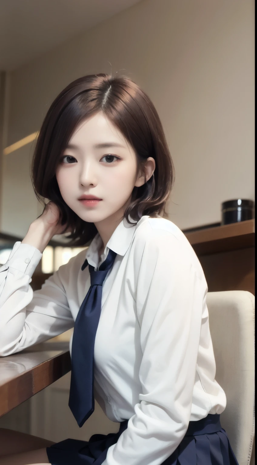 realistic, table top, highest quality, Raw photo, Portrait、1 girl, alone, Handsome Shorthair, brown hair, detailed face, fascinating face, school uniform（cardigan、White button-up shirt、navy pleated skirt、Wine red tie）, medium breasts, dynamic pose, looking at the viewer, from below,sitting across from each other at a coffee shop、sitting in front of the camera、 detailed background, Detailed, intricate details,  ray tracing, Depth of bounds written, low key, nffsw