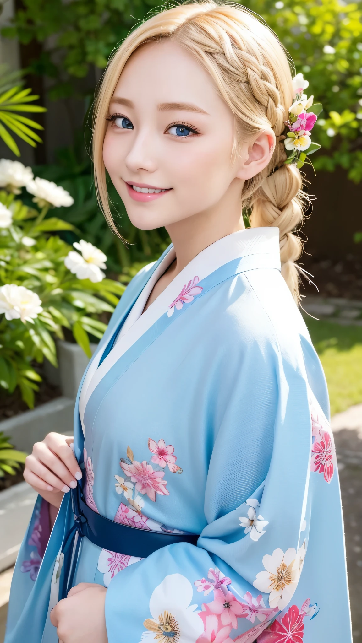 blonde kimono beauty、fancy floral kimono、My cute girlfriend is a kimono model.、blue eyes、Beautiful smile、he is short、Braid、hair ornaments、Colorful and flashy kimono