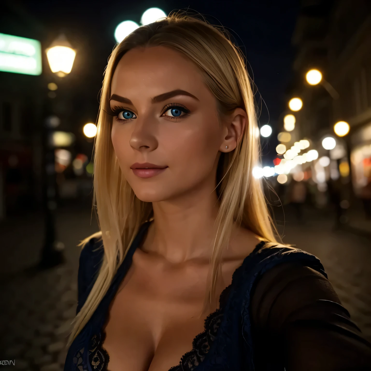 (Selfie, Draufsicht: 1.4), (straight half of the body: 1.4), RAW UHD portrait photo of a 24-year-old blonde (Blue-eyed woman) Eine dunkle Gasse entlanggehen, big boobs,, Stadt bei Nacht, (Rock), (Ausschnitt), Details (Gewebe! , Haar! , Glitzer, Farbe!! , Benachteiligungen: 1.1), shiny eyes with high level of detail (Blick in die Kamera), SLR-Beleuchtung, Spiegelreflexkamera, ultra quality, Sharpness, Depth of field, Filmkorn (Mitte), Fujifilm XT3, kristallklar, Rahmenmitte, Beautiful face, Scharfer Fokus, Streetlight, Neonbeleuchtung, bokeh (schwach beleuchtet), Nacht, (Nachthimmel), Detaillierte Hautporen, Oily skin, Sonnenbrand, Komplexe AugenDetails, big boobs, portrait