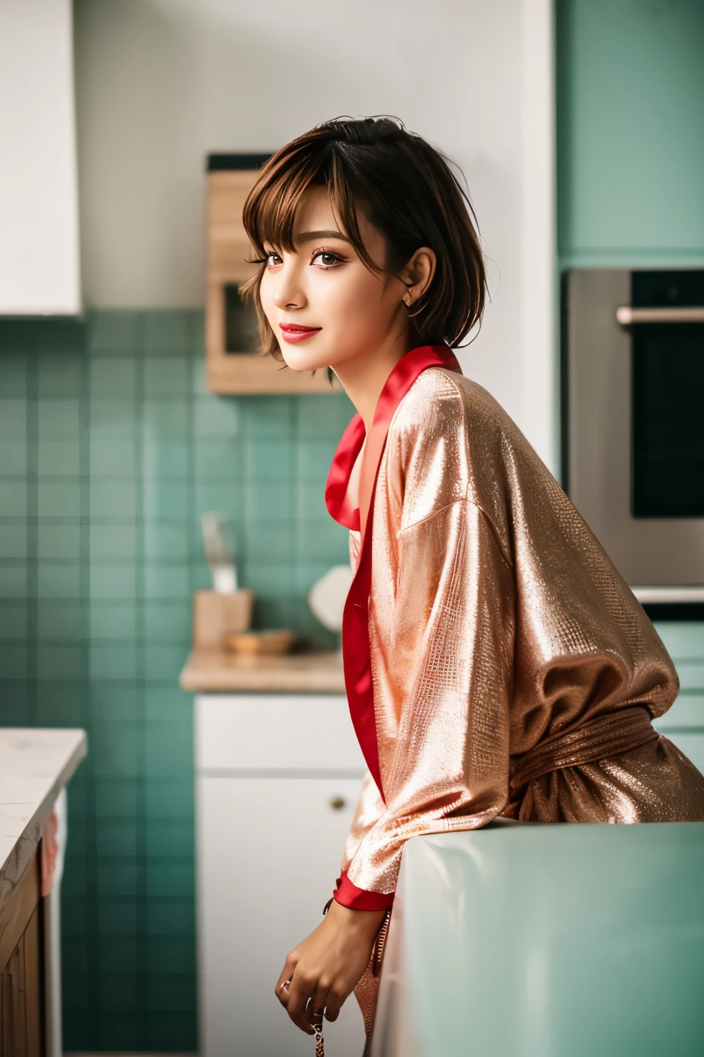 8K raw photo, best quality, masterpiece, ultra high res, film grain, film, 1girl, looking back at viewer, natural skin texture, large realistic eyes and face details, full lips, lipstick, (makeup) , red eyeshadow, cute short hair, smile, closed mouth, beautiful legs, tall female, slim, slim_legs, solo, huge chest, cleavage, ultra short bathrobe, ass, shirt, standing, (((bent over))), (((bent at the waist))), hands on a kitchen counter, (((view from the side))), green bathrobe, jk ribbon on neck, jk ribbon, brown hair, bracelet, bangs, jewelry, parted lips, lips, sideways, robe, depth of field