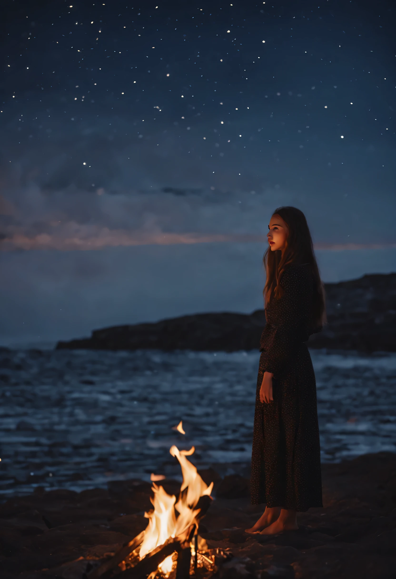 a slender beautifully dressed girl stands by the sea, dark cold evening, Stars are visible in the sky, Tourists sitting near a fire, the girl looks into the distance and smiles , High quality, 64k, 240 hertz.