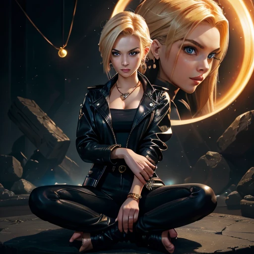 In the detailed portrait of Android Number 18 from Dragon Ball Z, a figure emerges that combines strength, elegance and a magnetic presence. Her blonde hair, short and dynamically styled, frames a face of perfect proportions, where deep blue eyes awaken a mixture of determination and mystery. The synthetic skin on its face reflects the perfection of its engineering, conveying an impression of technological sophistication. She wears a fitted black jacket with style that accentuates her slender silhouette, merging with skinny jeans and black boots that add a contemporary touch. Her clothing choice is not only functional, but also communicates an inherent elegance. Android Number 18's posture reveals confidence and self-affirmation; His crossed arms suggest a relaxed attitude, while a light smile on his face hints at innate confidence. Every meticulous detail contributes to the creation of this image: two golden earrings adorn her ears, accentuating her unique style. A necklace with a sphere highlights her uniqueness, and carefully applied light highlights the contours of her figure, creating a play of shadows that enhances both her strength and grace. The combination of all these elements captures the distinctive essence of Android Number 18 in all its visual splendor, full body, barefoot, feet, perfect feet, feet with 5 toes on each one, toes well made