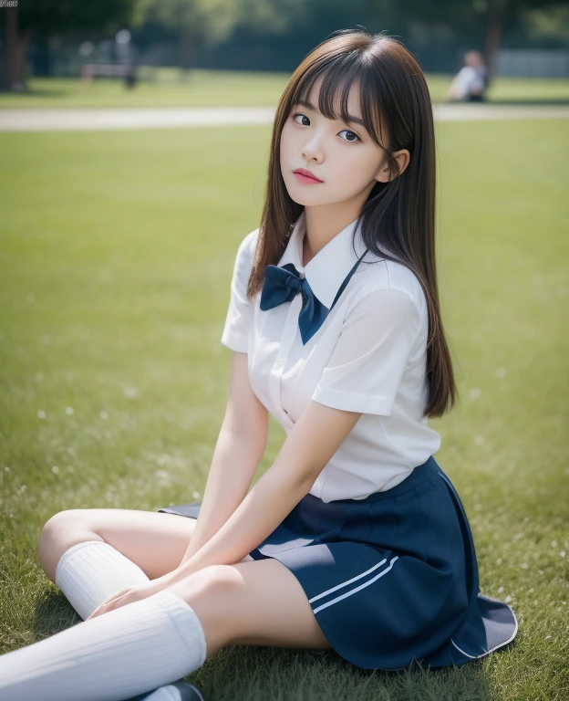 ((highest quality, 8K, masterpiece: 1.3)), beautiful girl, Pure, kind and cute, Pure desire, innocent face, slender body, (front), ((looking at camera) ), normal breasts, wearing school uniform, short school uniform skirt, Converse shoes with long socks below the knees, long black silky hair, long flowing shoulders, round black big eyes, clear big eyes, sitting on the bench, On the background of the park, ((((whole body)))),