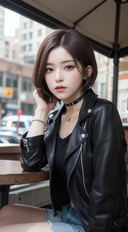 realistic, table top, highest quality, Raw photo, Portrait、1 girl, alone, Handsome Shorthair, brown hair, detailed face, fascinating face, punk rock fashion、punk rock makeup、choker、 medium breasts, dynamic pose, looking at the viewer, from below,sitting across from each other at a coffee shop、sitting in front of the camera、 detailed background, Detailed, intricate details,  ray tracing, Depth of bounds written, low key, nffsw