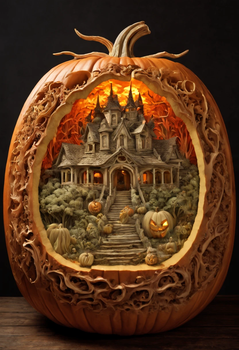 3D model carved Hellscape inside a Pumpkin, halloween background, carved by mark ploog, carved by Gustav, dore intricate elaborate, detailed fantasy, colorful lighting inside carved pumpkin, fall background, award-winning carved pumpkin, national geographic photograph