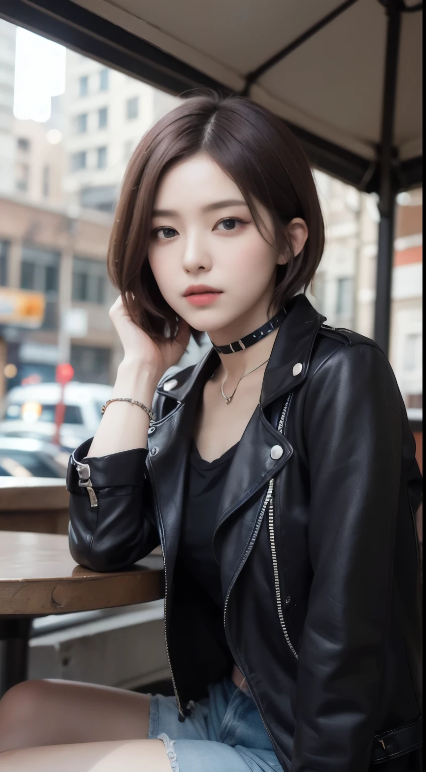 realistic, table top, highest quality, Raw photo, Portrait、1 girl, alone, Handsome Shorthair, brown hair, detailed face, fascinating face, punk rock fashion、punk rock makeup、choker、 medium breasts, dynamic pose, looking at the viewer, from below,sitting across from each other at a coffee shop、sitting in front of the camera、 detailed background, Detailed, intricate details, ray tracing, Depth of bounds written, low key, nffsw