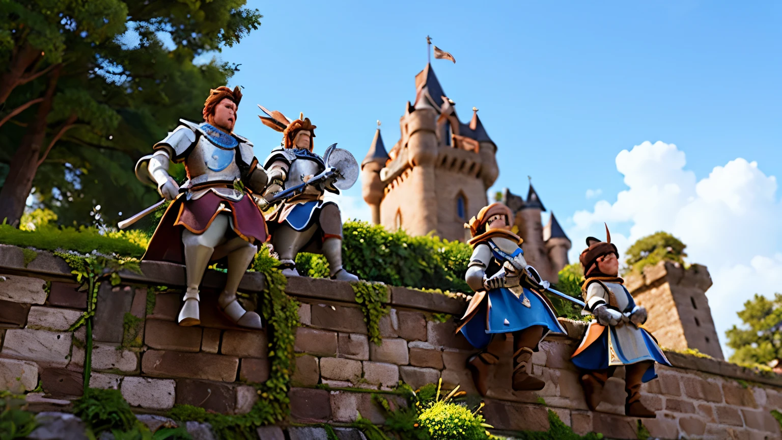 Up close shot of knights patrolling on top of castle wall parapets.