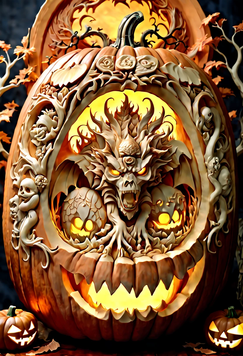 3D model carved Hellscape inside a Pumpkin, halloween background, carved by mark ploog, carved by Gustav, dore intricate elaborate, detailed fantasy, colorful lighting inside carved pumpkin, fall background, award-winning carved pumpkin, national geographic photograph