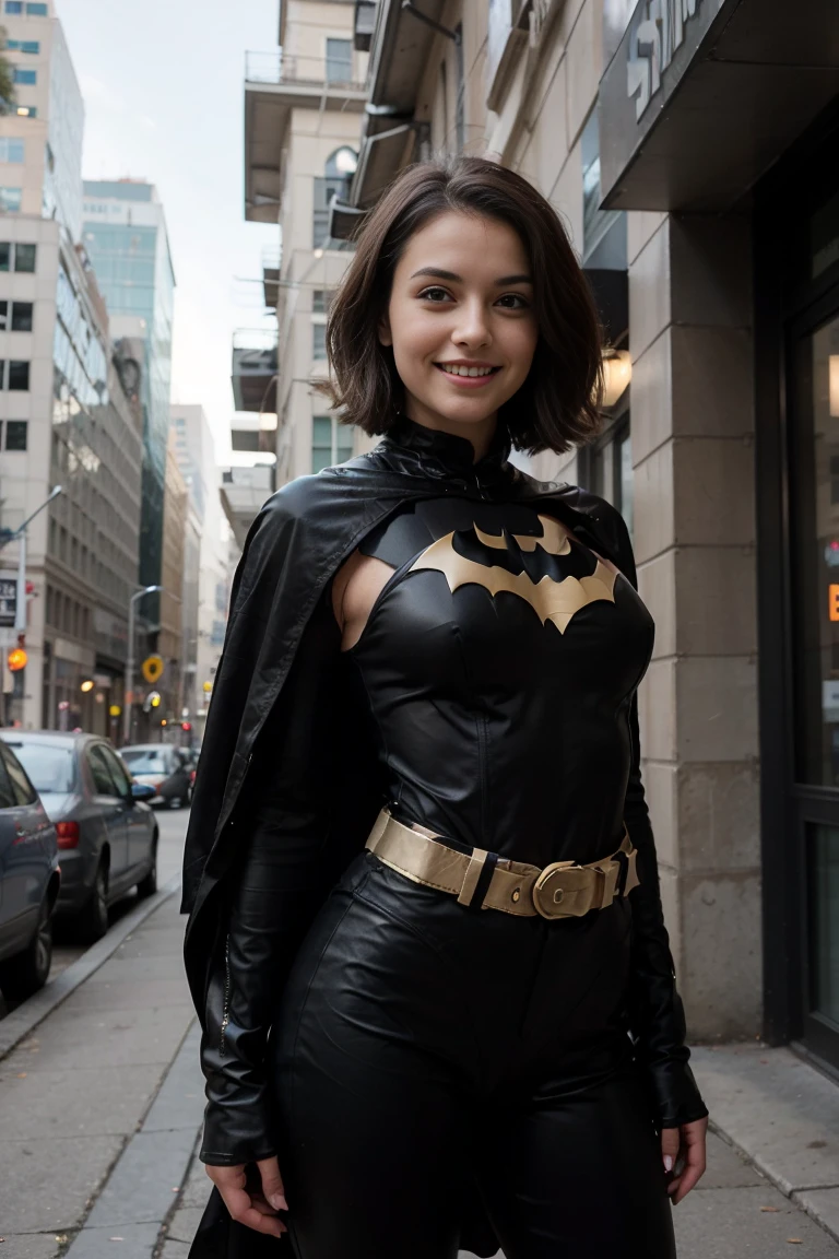 photos D&#39 :  cute brunette, tall and slim. she wears a black realistic Batman costume. She wear a black batman pant and a Batman belt. she is standing ,we can see her entirely. she smiles. she is in Gotham city.