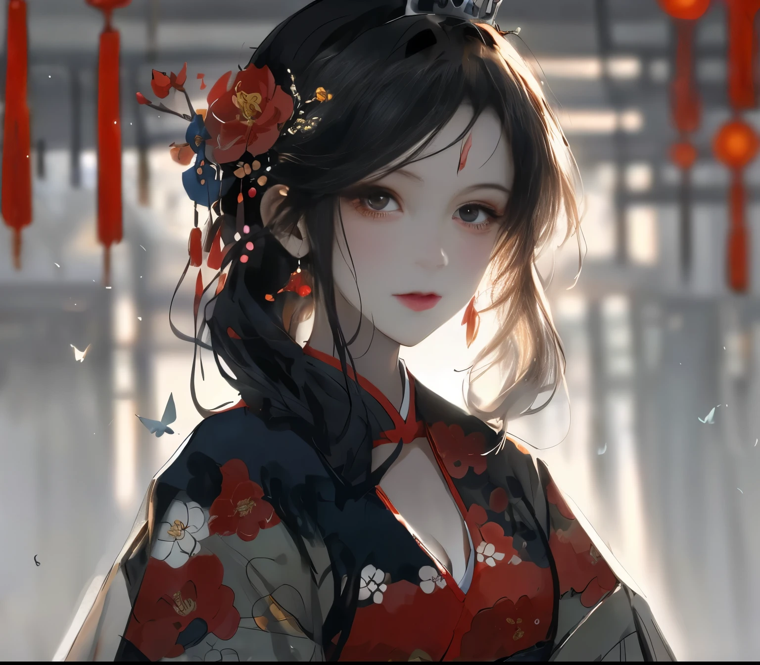 loli big breasts cleavage,((long black hair)),long hair with fluffy and soft black hair,,(red plum tiara),messy dull hair,light red eyes,long lower eyelashes,(red color Hanfu),golden chinese hairpin,shawl,Celluloid style,Backlight,big red plum flower field,plum blossom tree,Fluttering red petals,(Ukiyo-e painting style),Composition of the face((masterpiece)),8K,(best image quality),((Delicate images)),highlight,master piece,(watercolor rendering),((Awesome CG)),(((best image quality))),(High sharpness),(clean face),(Carefully portray the eyes),Carefully portray the face,(bust),whole