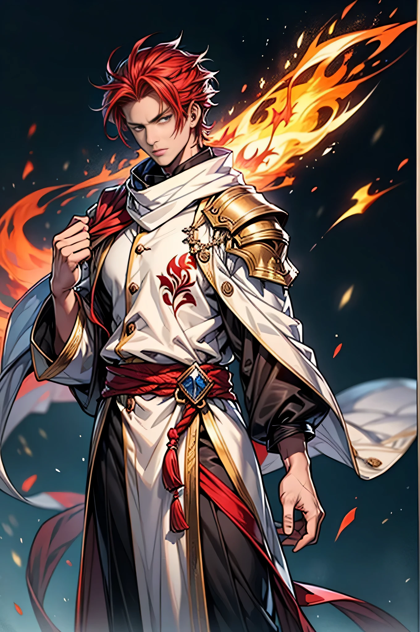 Red-haired man,Wind,((wide scarf)),white uniform,With button and drawstring,handsome boy image,Make the chart vivid,Burning flame,serious expression,best quality person,Heavenly Fire Saint Tailor,half shoulder cape