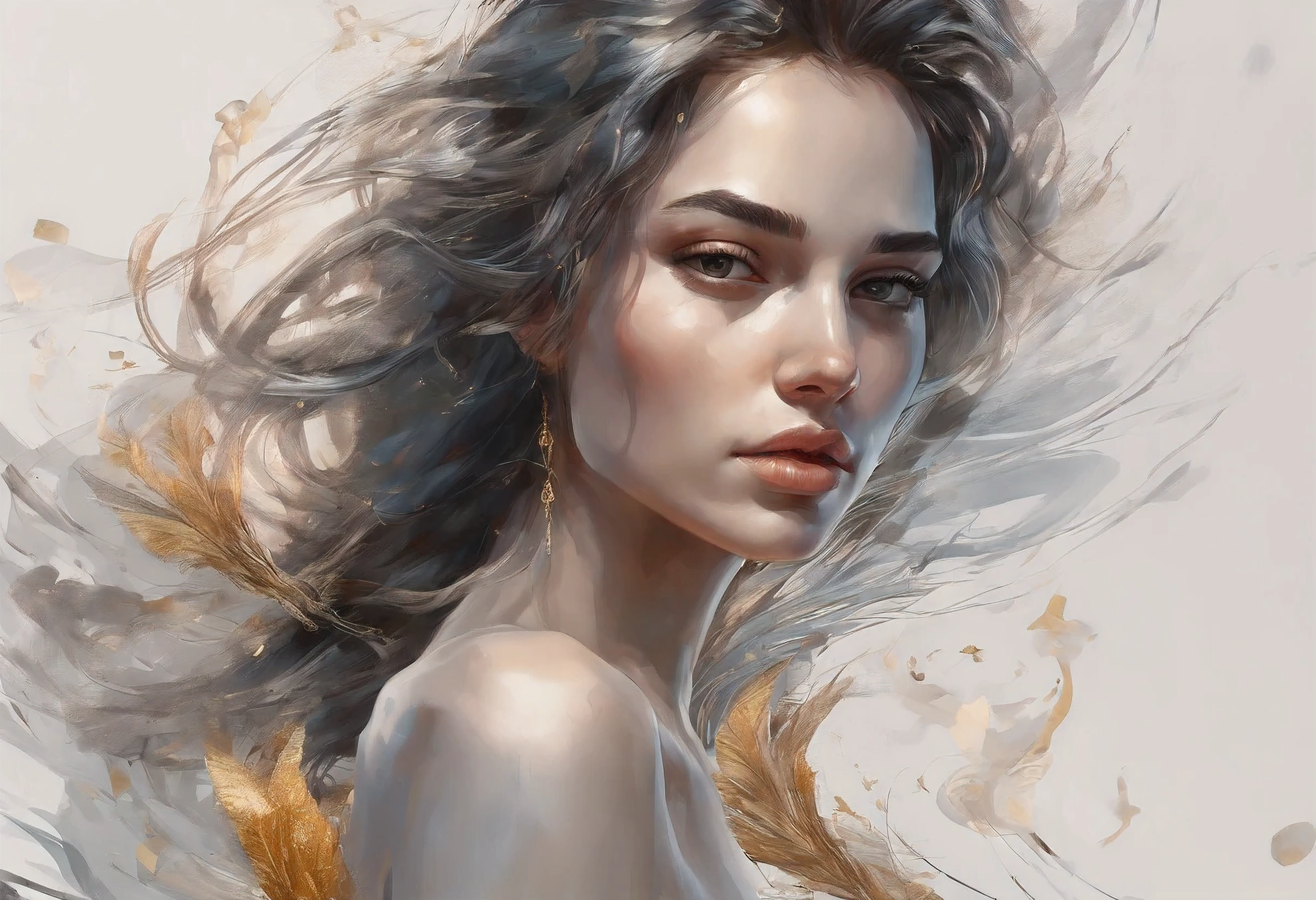 Hyper realistic painting of the beautiful sexy 20 years old woman in a flowing long dress, low cut decollate dress, Perfect centralization, Fantastic Black Golden Beams, alegria, Standing position, beleza abstrata, Centrado, looking at the camera, Facing the camera, Approaching perfection, Dynamic, altamente detalhado, liso, foco nítido, 8k, alta resolução, illustration, arte de Carne Griffiths e Wadim Kashin, Personagens de Goldfish