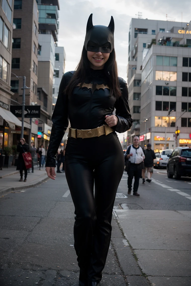 photos D' : cute brunette, tall and slim. she wears a black realistic Batman costume. She wear a black batman pant and a Batman belt. she is standing ,we can see her entirely. she smiles. she is in Gotham city.