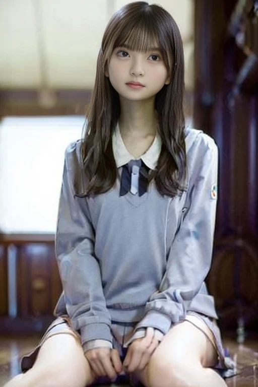 table top, highest quality, 8K, 15 year old naked girl, small tight eyes))、RAW photo, absurd, award-winning portraits, smile, alone, daytime, idol face, delicate girl, Upper body, Digital single-lens reflex camera, looking at the viewer, Frank, Sophisticated, thin arms, soft rays of light、professional lighting, chromatic aberration, (Eye and face details:1.0), ((NSFW:1.7、realistic))、1 girl, ((female student uniform)), look at the audience, young face、Satisfied look, (( open your legs、open your legs、Main crotch)),show your chest、classroom、Breasts out、small breasts