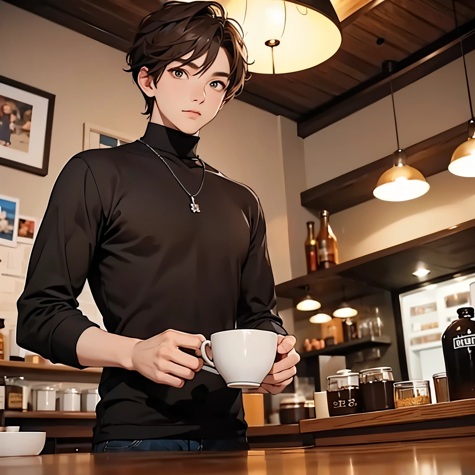 Boy, Cute, Brown Medium Hair, light of complex, at a cafe, good physique, black polar neck