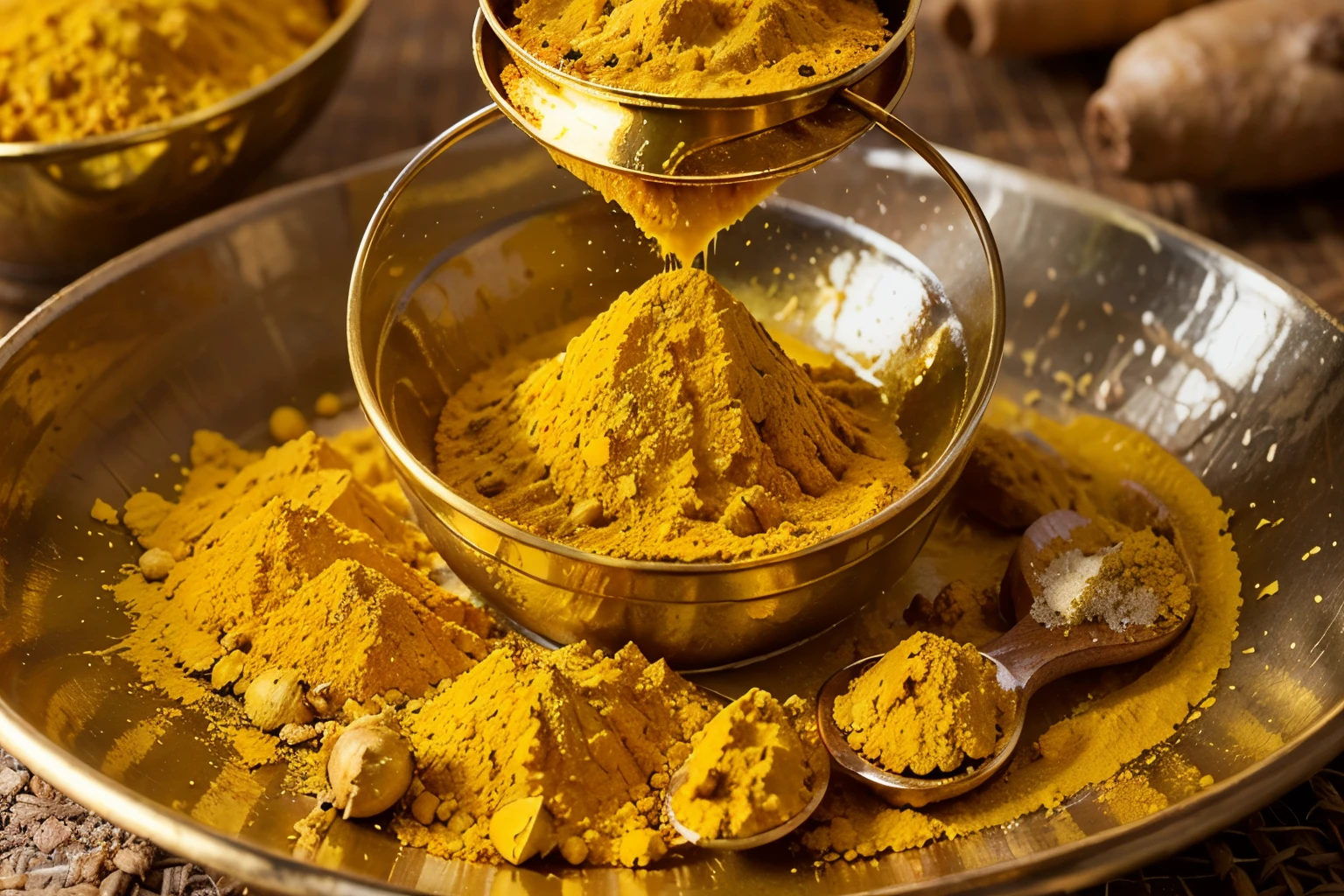 Create an image that highlights the (((brightness and golden color of turmeric))). {Draw a spoon or a jar of turmeric} with golden powder being poured into it. Around the powder, [draw small cholesterol particles] which are lit up and transformed into healthy hearts.