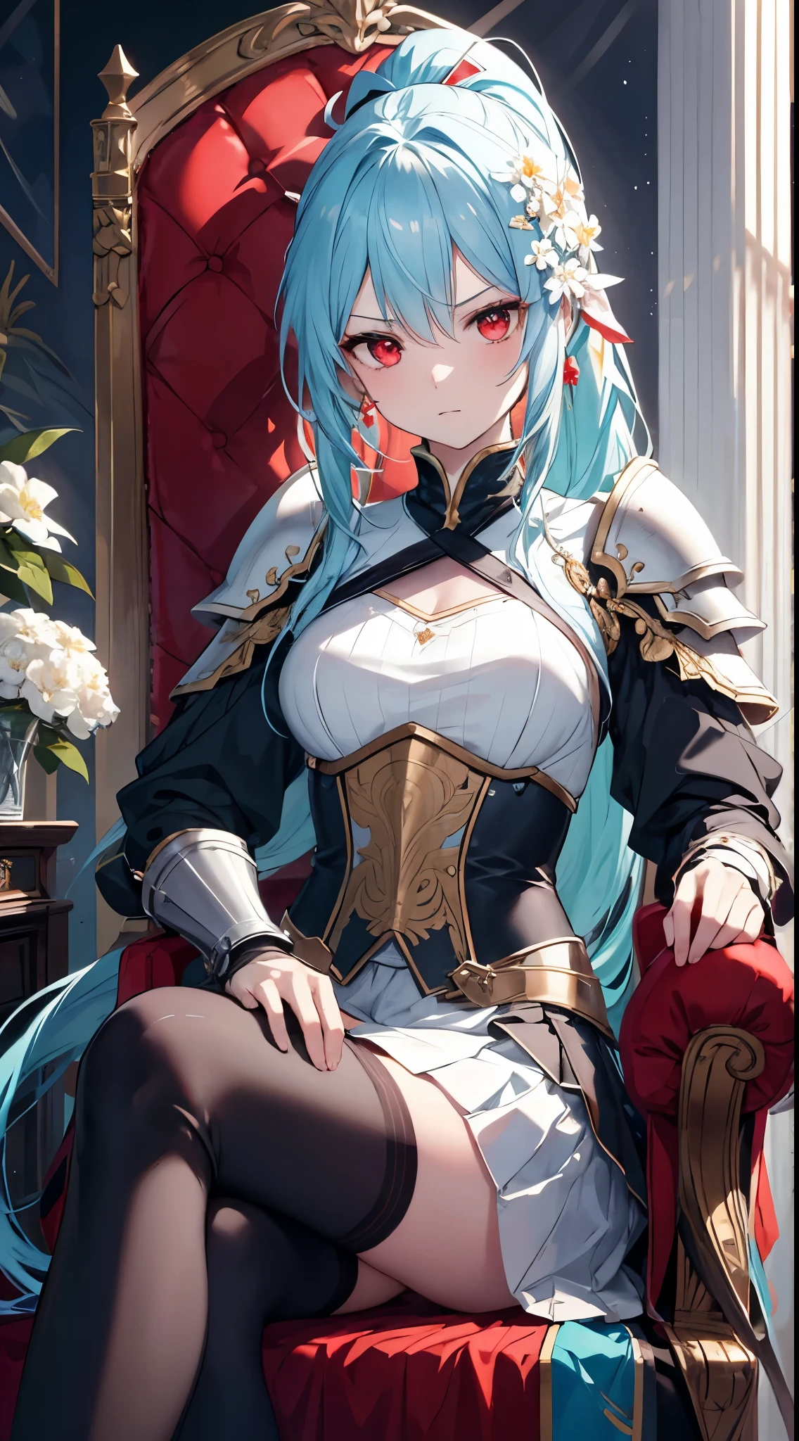 [[[ ultra-detailed, best quality, soft skin, beautiful, 4K]]] high definition, cyan hair, silky hair, red eyes, long hair, ponytail, battle maiden full armor, medium skirt, engraved armor, fit body, war council, white flower hairpin, princess, serious expression, sitting down, regal chair,