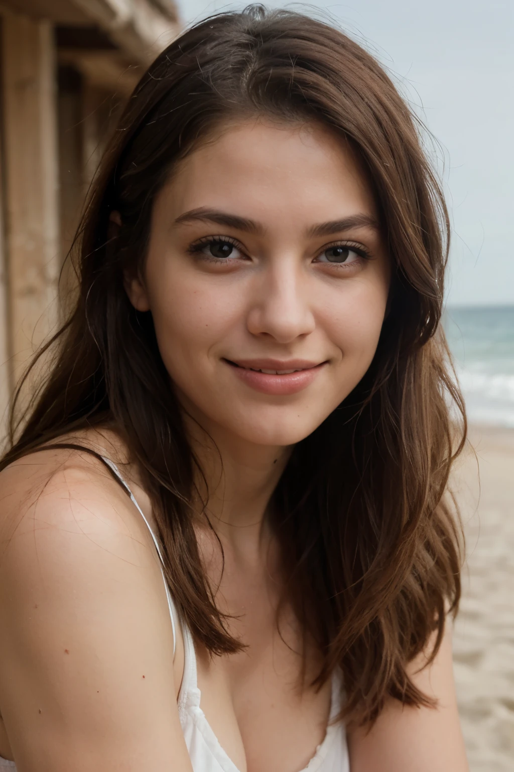 ((best quality)), ((masterpiece)), (detailed), perfect face, realistic, beautiful girl, brown hair, beach, smiling