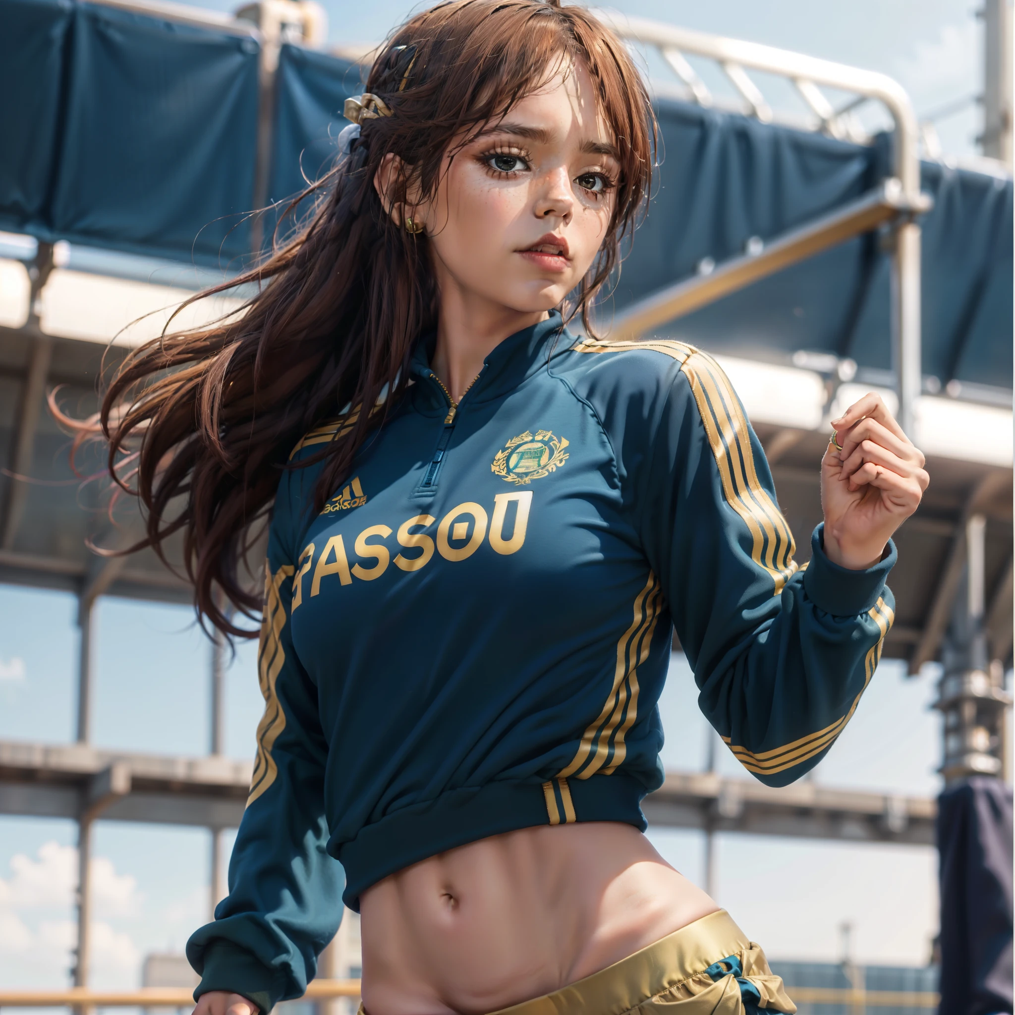 (best quality,4k,8k,highres,masterpiece:1.2),ultra-detailed, 1girl, Celtic Goddess Epona as a college student, jennao, Chestnut Brown hair, Hazel eyes, wearing blue track top with gold sleeves and blue thigh length track shorts with gold stripes, competing at a track meet, HDR, 8k, absurdres, cinestill 800, sharp focus