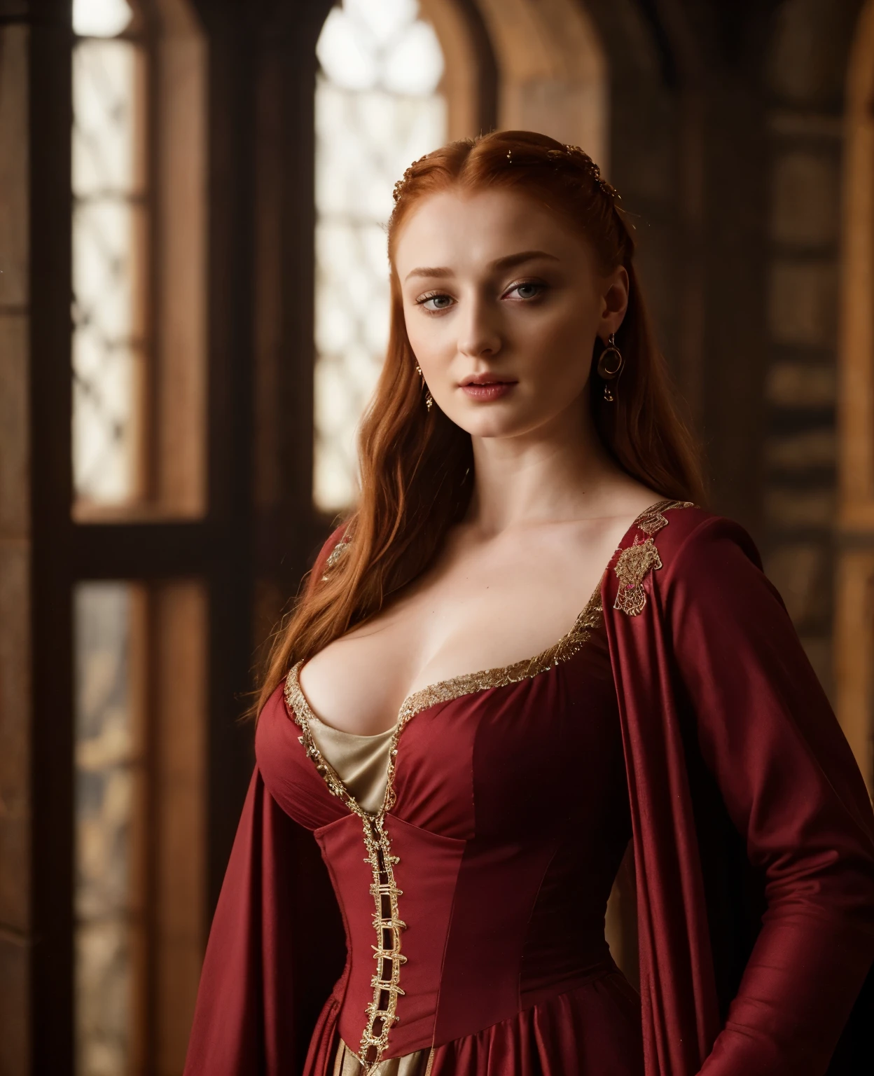 Sansa Stark played by Sophie Turner, the de facto Lady of the Eyrie, is a 40-year-old mature queen with a stunning, alluring appearance. Full Face, reddish lips, upper body shot, erotic Mediaeval costumes, game of thrones costumes, She wears a Game of Thrones-inspired costume and has a deep cleavage, a perfect thick body, and a perfect thick figure. The photograph captures her in a close-up, with her skin texture and facial features being ultra-realistic and realistic.