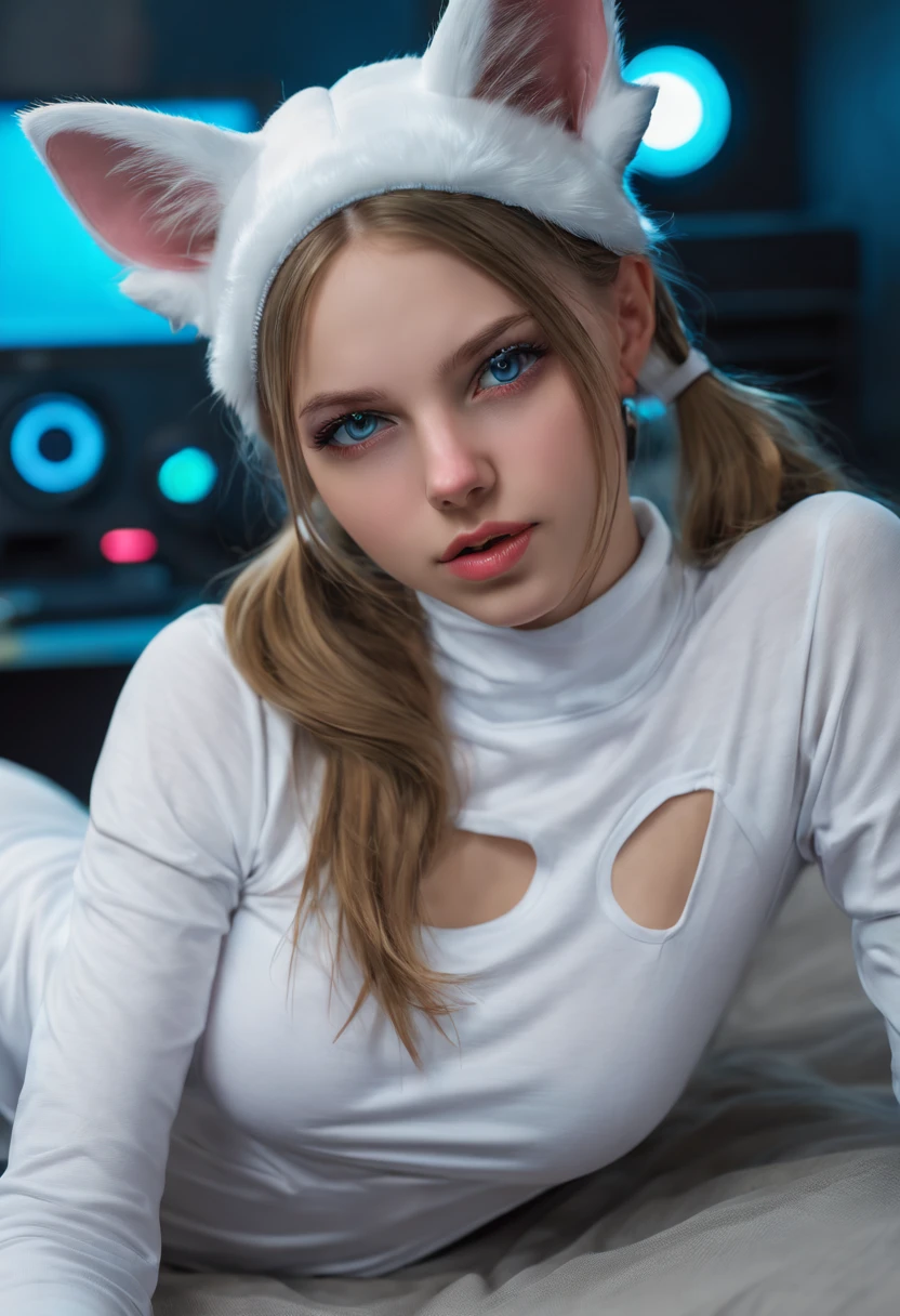 Russian girl,  auf einem Bett sitzen,  in einem Cyberpunk-Stahlbunker mit Luken usw.,  im Hintergrund. She wears white cat ears. Sie hat eine Twintail-Frisur. 16 year old girl,  schlanke petite,  ***********,  Beautiful breasts. Meisterwerk,  8 TAUSEND,  4K,  high resolution,  DSLR,  Ultra quality,  scharfer Fokus,  Danke scharf,  dof,  Filmkorn,  Fujifilm XT3,  kristallklar,  8K UHD,  sehr detaillierte hellblaue Augen,  hochdetaillierte Haut,  Hautporen,  seductive,   sehen,  charming lady with beautiful long hair,  braune Augen,  vollen Lippen,  Lange Beine,  beautiful face in ripped vaultsuit clothes. , realistisch colors, realistisch, photorealistisch