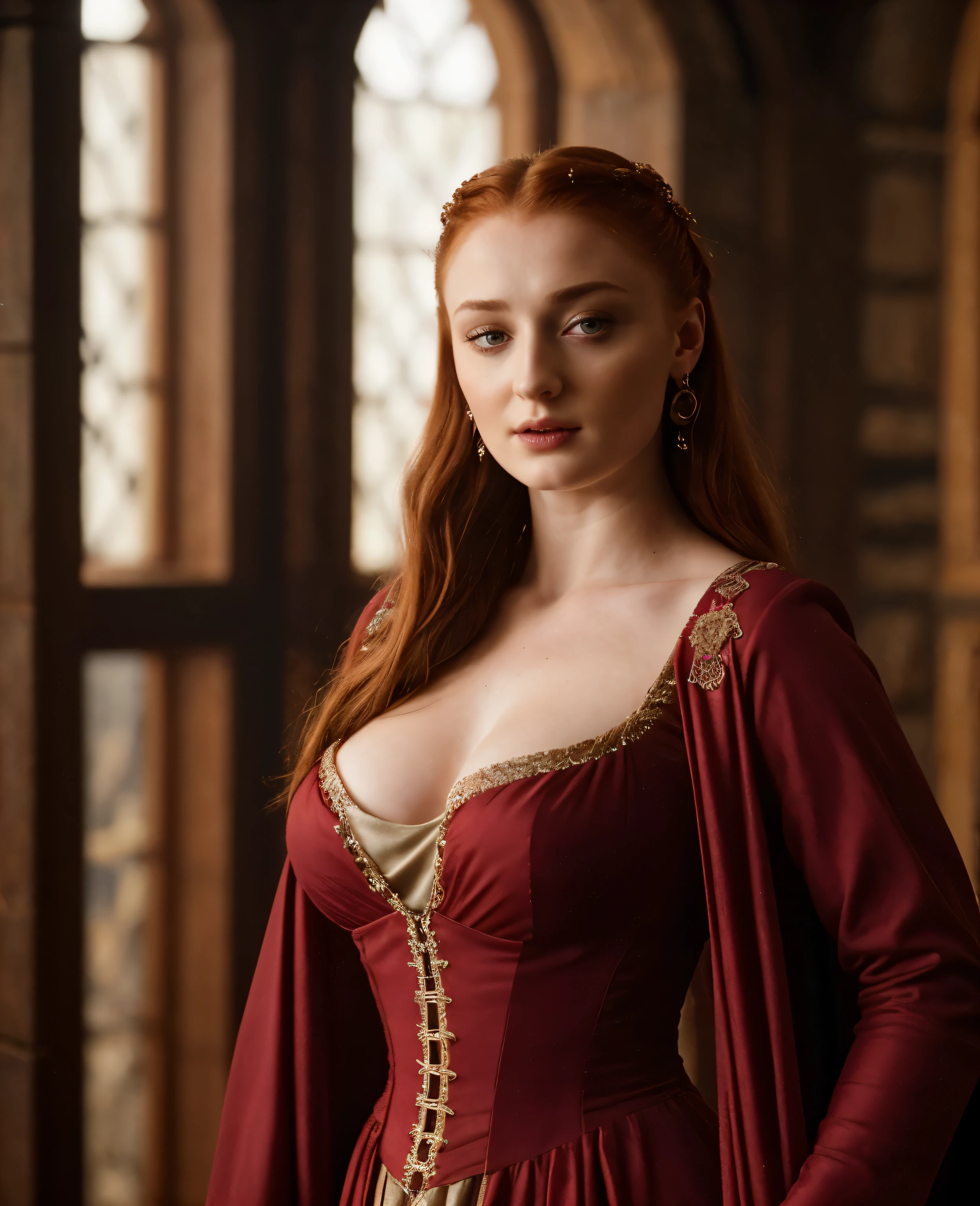Sansa Stark played by Sophie Turner, the de facto Lady of the Eyrie, is a 40-year-old mature queen with a stunning, alluring appearance. Full Face, reddish lips, upper body shot, erotic Mediaeval costumes, game of thrones costumes, She wears a Game of Thrones-inspired costume and has a deep cleavage, a perfect thick body, and a perfect thick figure. The photograph captures her in a close-up, with her skin texture and facial features being ultra-realistic and realistic.
