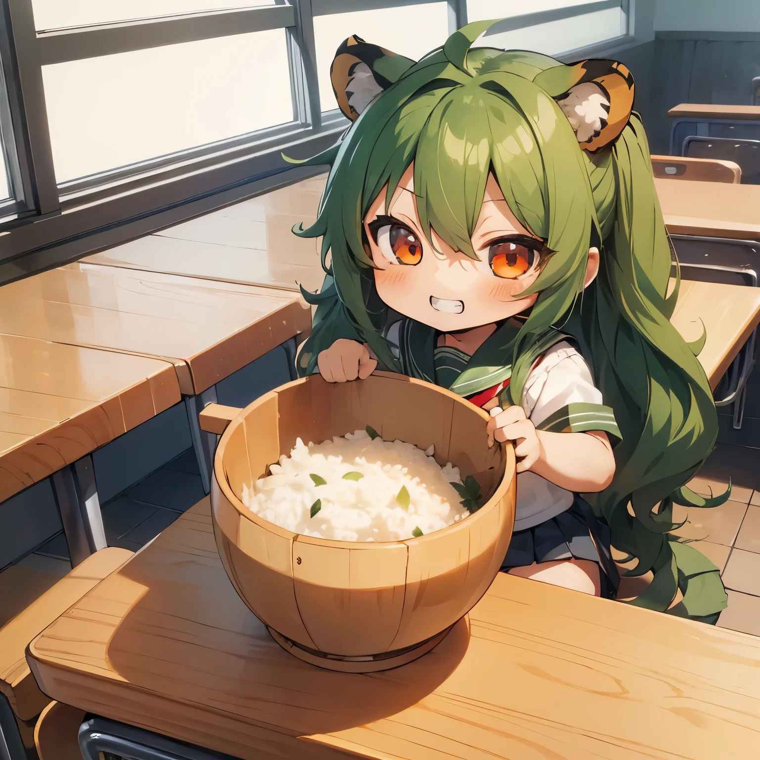 ((chibi:1.4)), (masterpiece), (best quality), high resolution, ultra detail, 8K, 1 girl, (long wavy hair, green hair, big red eyes, tiger ears, tiger tail), school girl, school sailor uniform, white shirt, pleated skirt, holding herb rice bowl, food, sitting in a chair, grin, classroom