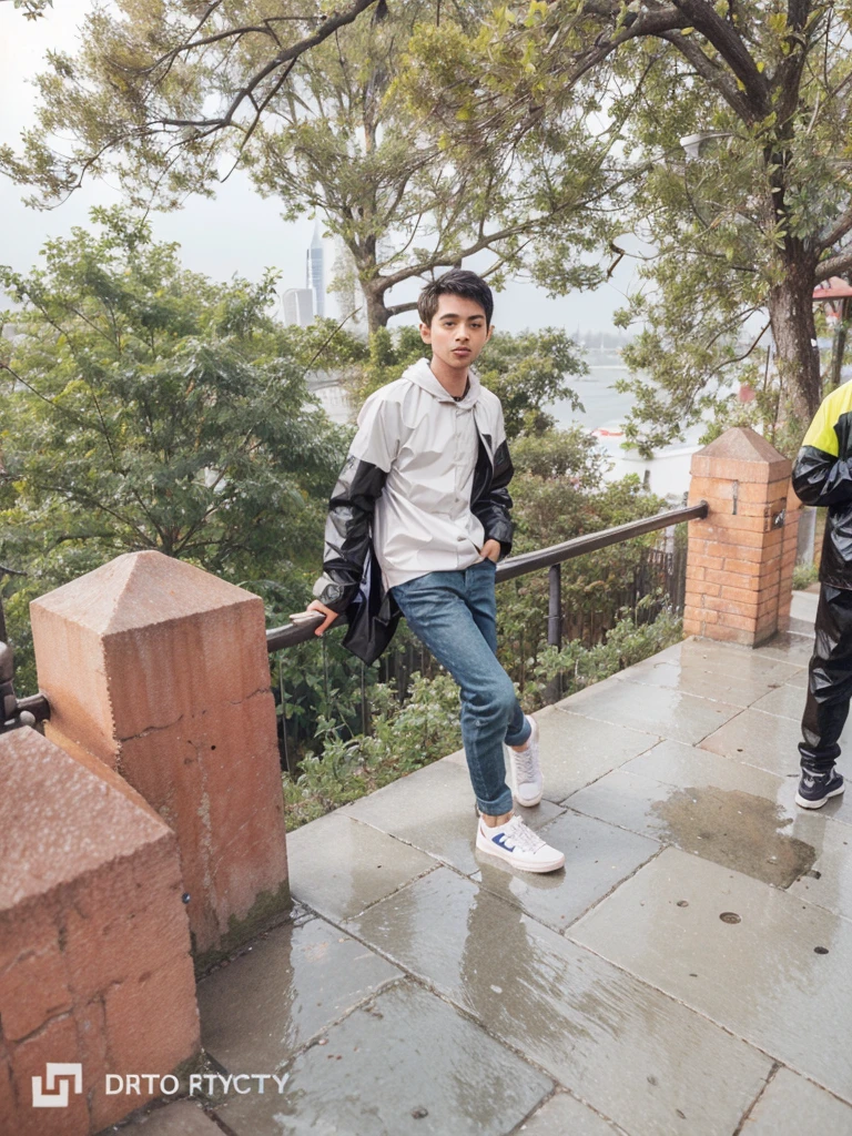 Boy Night city rainyday wearing raincoat