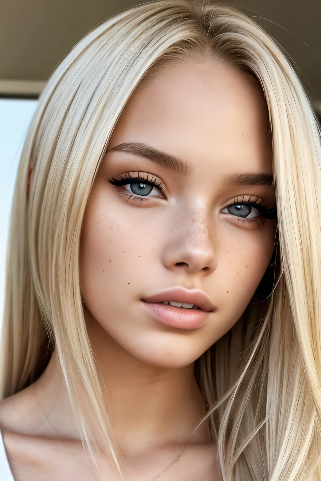 (medium shot editorial front photo of 18 yo woman, blonde hair, slim latinas sweetheart), (freckles:0.9), (full lips) close, (yelloreen) green/grey eyes, POV, realistic[:, (film grain, 25mm, f/1.2, dof, bokeh, beautiful symmetrical face, perfect sparkling eyes, well defined pupils, high contrast eyes, ultra detailed skin, skin pores, vellus hair, big boobs, sexy belly, nipples hard, sexy, fabric stitching, fabric texture, wood grain, stone texture, finely detailed features:1):0.9]