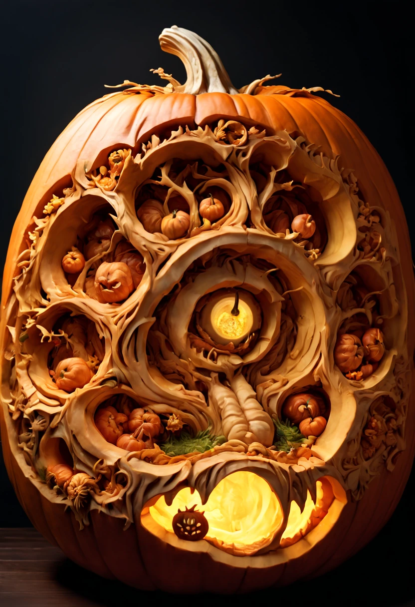 3D model carved Hellscape inside a Pumpkin, halloween background, carved by mark ploog, carved by Gustav, dore intricate elaborate, detailed fantasy, colorful lighting inside carved pumpkin, fall background, award-winning carved pumpkin, national geographic photograph