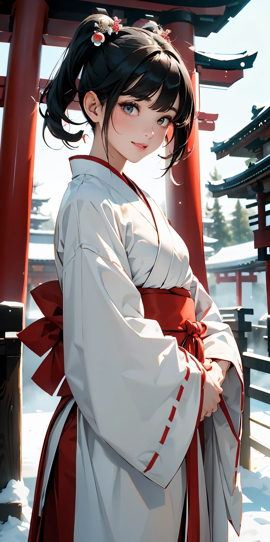 masterpiece、High resolution 8K、NSFW、sharp focus、contrast lighting、fine skin、 highest quality、ultra high resolution、ultra high resolution、Detailed CG、it's snowing、Former shrine of Japan、temple、Landscape with shrine torii gate、Low - Angle、full body shot、Beautiful woman、beautiful eyes、(detailed face and iace:1 2)、narrow eyes、almond eye、brown eyes、gradation eyes、highlight:1.2)、(beautiful black hair、middle、asymmetrical bangs、down fade、twin tails、hair ornaments)、(White and red priestess costume、japanese shrine maiden costume、white clothes、Crimson hakama、red hakama、White priestess costume)、(plump lips、glossy lips、small chest size) 、(oval face : 1.4)、(thin fingered arms、detailed human hand)、half-open smile、teeth visible、long shot