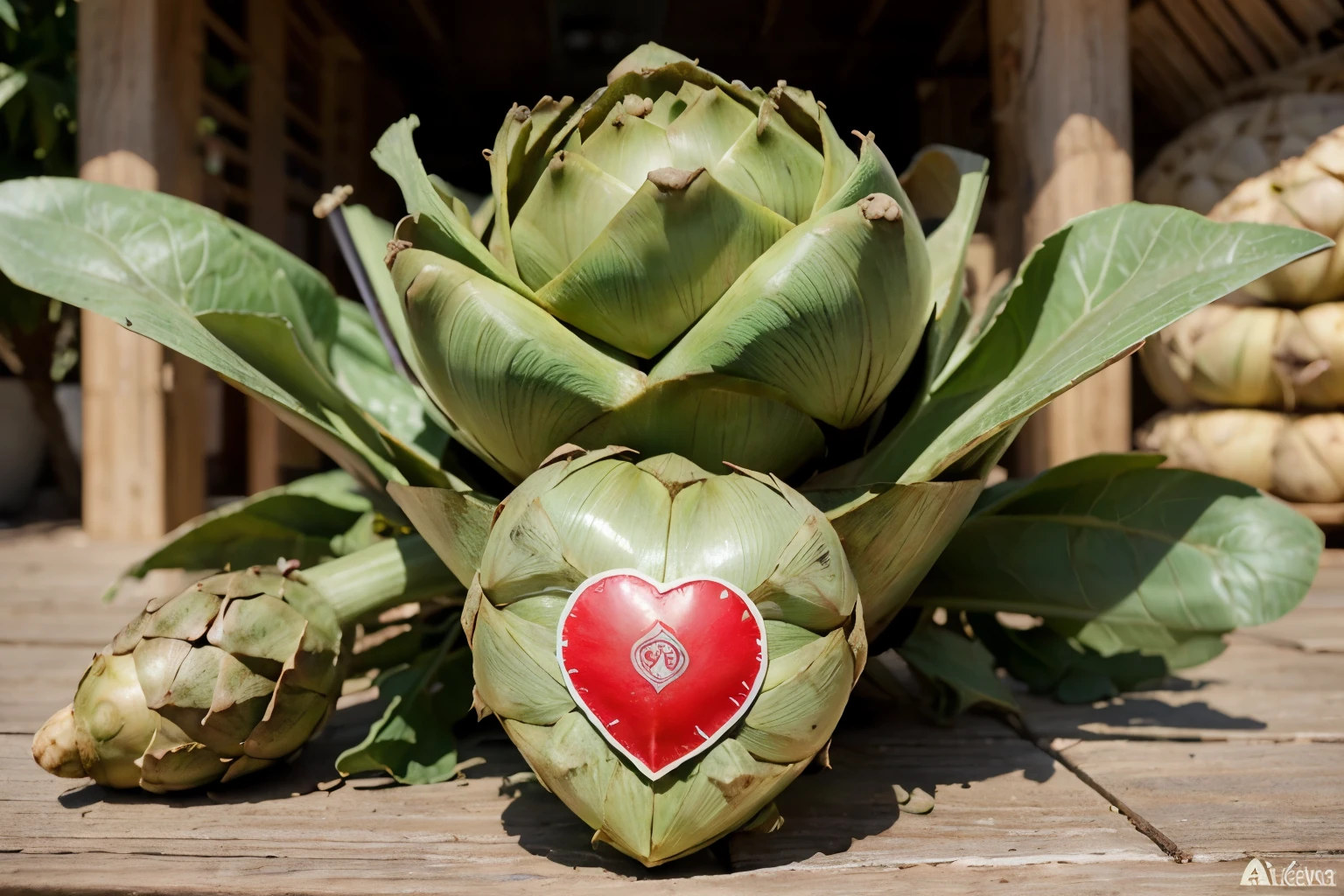 Ilustre uma (((artichoke as a protective guardian of the heart))). Desenhe uma alcachofra com suas {folhas verdes e designadas roxas}. No centro da alcachofra, draw a healthy and vibrant heart. Ao [redor da alcachofra], small cholesterol particles are blocked and neutralized by artichoke leaves. 