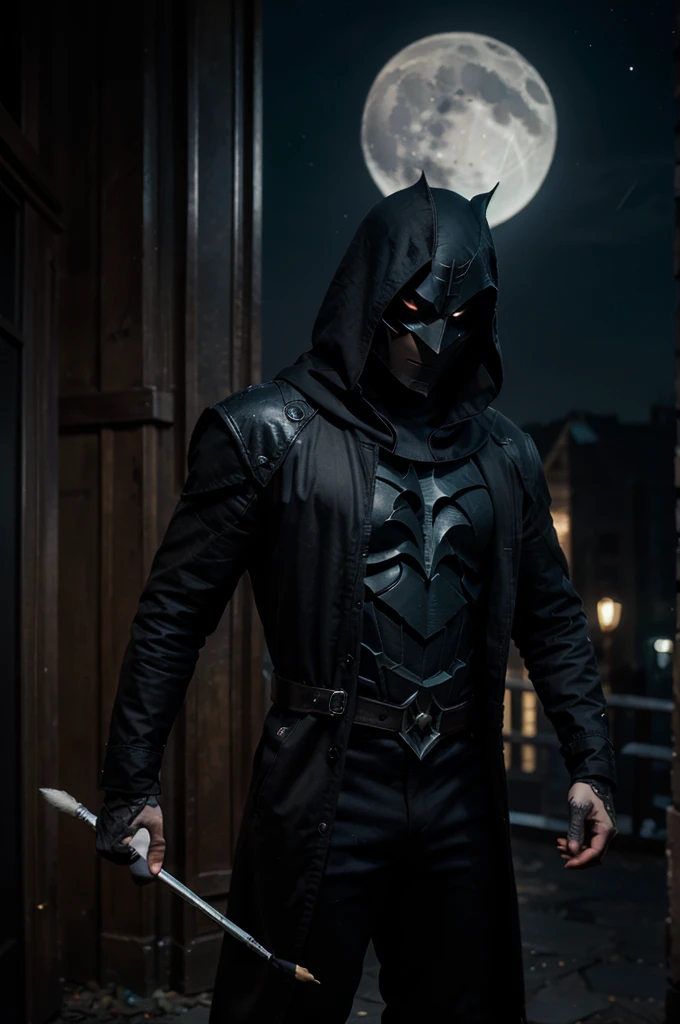 Create an image of a nocturnal character inspired by Moon Knight, but instead of the moon, he's associated with art. The character wears a dark, mysterious costume, with artistic motifs on his coat. Make sure the character's face is visible, highlighting his unique nocturnal expression. He holds a brush or pencil in one hand, ready to create art in the dark of night. The background should reflect a nocturnal atmosphere, with stars and artistic sparkles.
