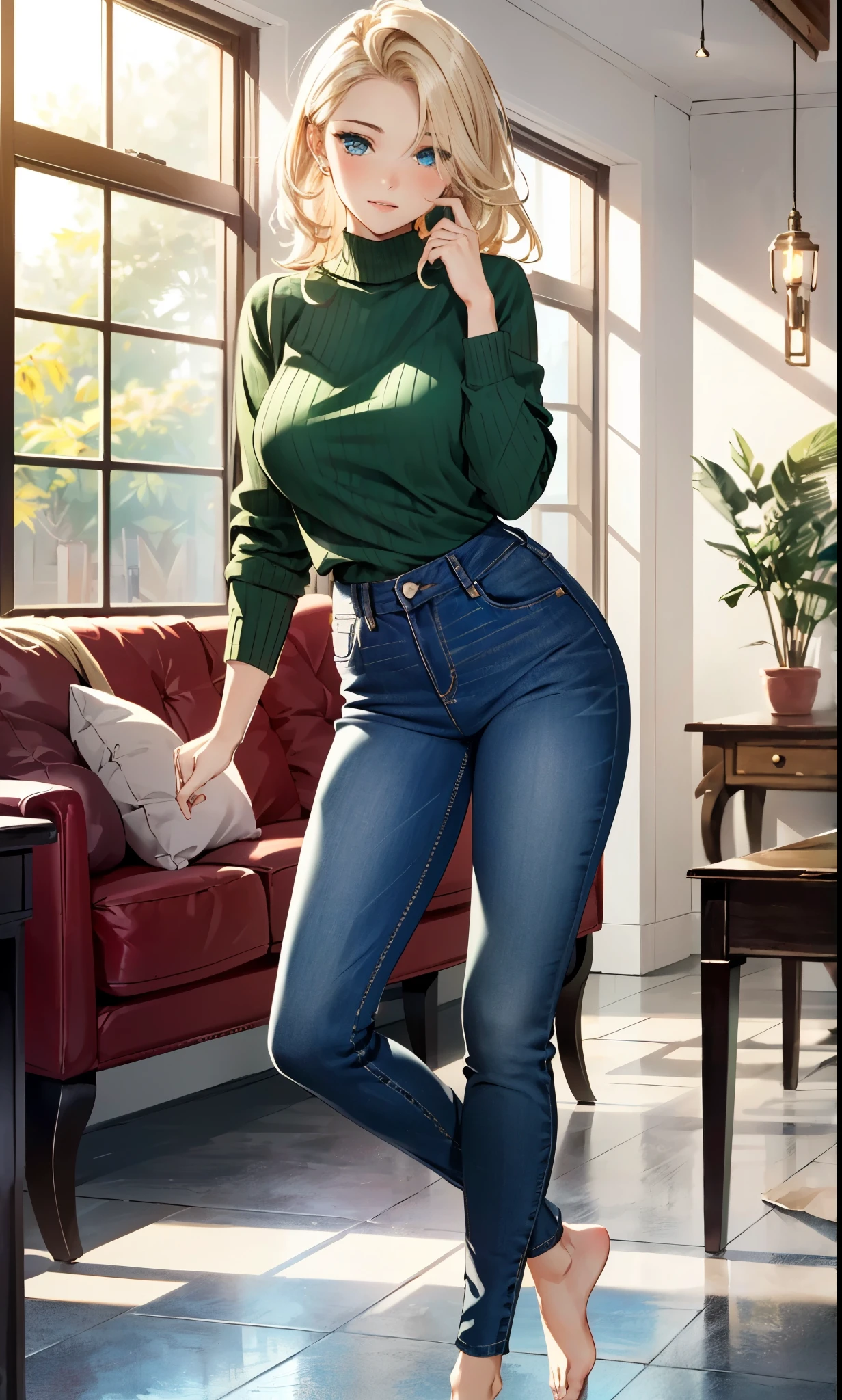 masterpiece, extremery magnificent view, perspective, extremery best quality, extremery detailed CG, 8k wallpaper, ultra high resolution, highly detailed face, highly detailed eyes, perfect anatomy, super detailed skin, not safe for work,
(dynamic angle), (sexy pose:1.2), indoors, living room, (legs focus), (full body:1.2), (beautiful face), (beautiful eyes), (beautiful legs:1.3),
1girl, 20-year-old, European woman, blonde hair, straight and sleek hair, bra lenght blonde hair, forehead, blue eyes, blush, large breast, (green jumper:1.2), skinny, wide hips, thin waist, (skinny jeans:1.4), (medium blue jeans:1.4), (barefoot:1.2)