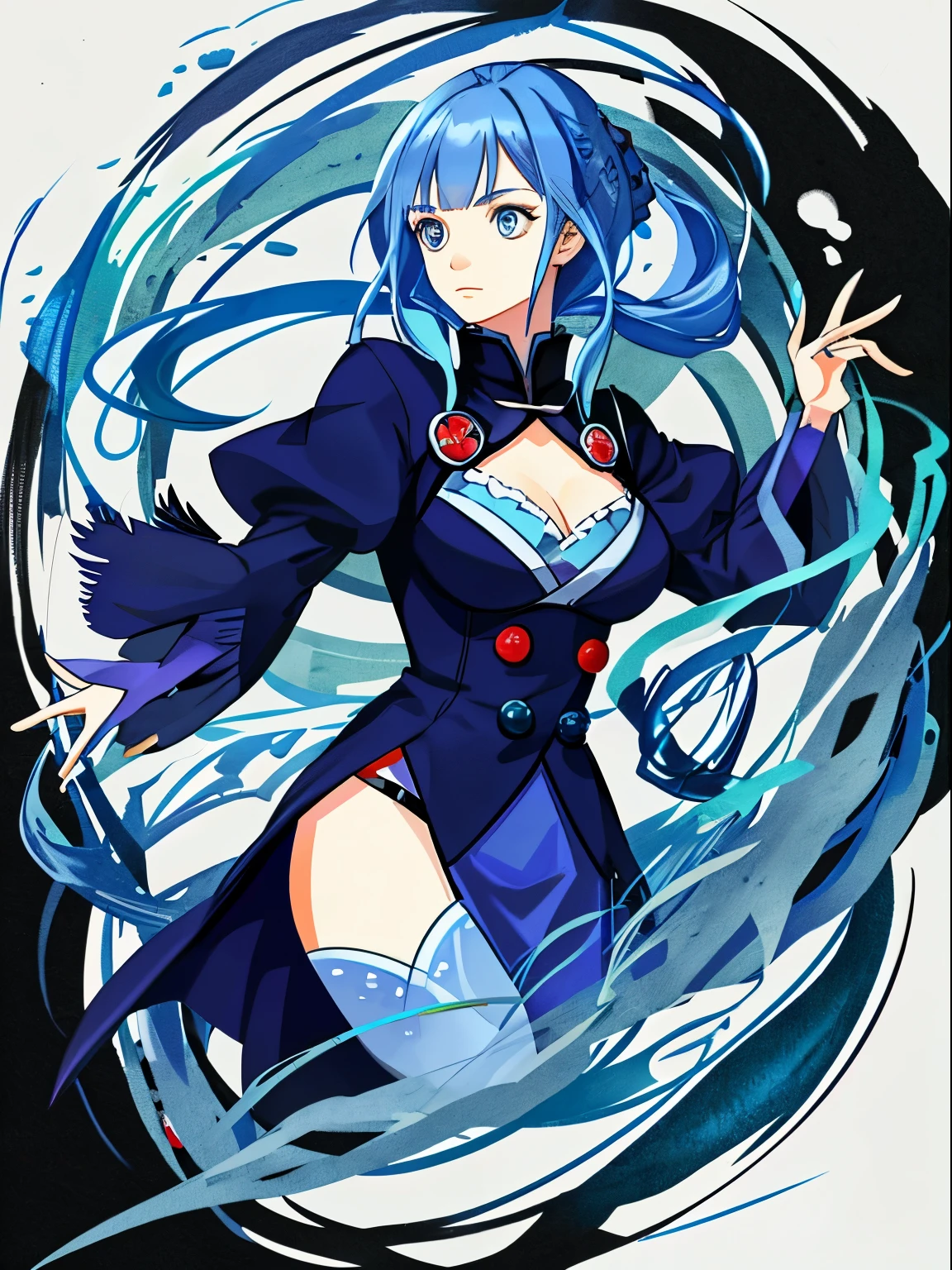 Akane, blue hair, blue eyes, hand drawing, colored pencils, construction ,