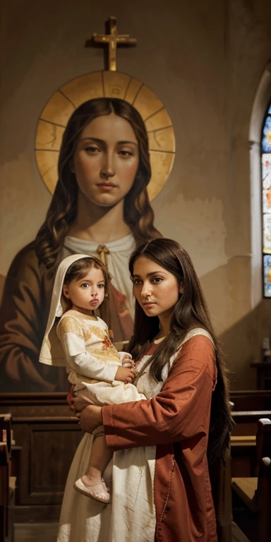 Painting of a woman holding a child in her arms, obra maestra de arte, WITH CHILD JESUS, Pintura religiosa, pintado a mano, portrait of virgin mary, added detail, virgin mary, pintado a mano, catholic arte religioso, arte religioso, soft airbrushed artwork, Vista lateral superior, obra maestra muy hermosa, bellamente pintado, oil painting on canvas, Detalle muy completo, Pintura de la iglesia