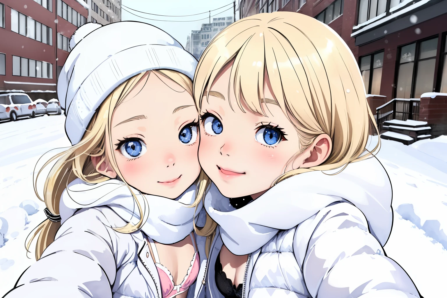 (superflat, flat shading, flat colors:1.1), (winter:1.2), (snow:1.2), (city street), 2girls, petite, loli, child, flat chest, blonde hair, open white jacket, (white bra:1.2),  smile, blush, kissing cheek, selfie, view from below, (low angle), winter, snow, bright sunlight, best shadows, watercolor,