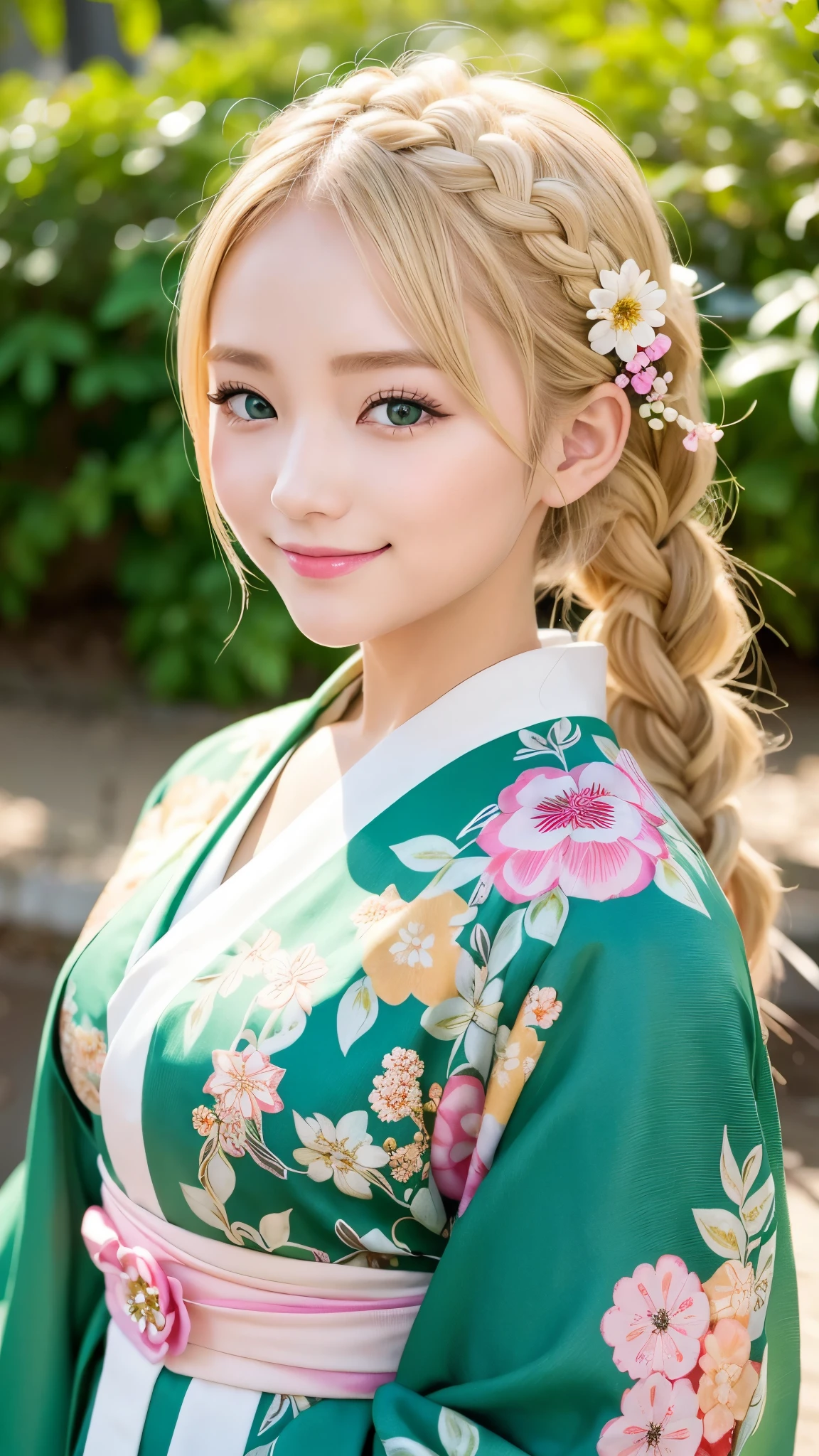 blonde kimono beauty、fancy floral kimono、My cute girlfriend is a kimono model.、green eyes、Beautiful smile、he is short、Braid、hair ornaments、Colorful and flashy kimono、