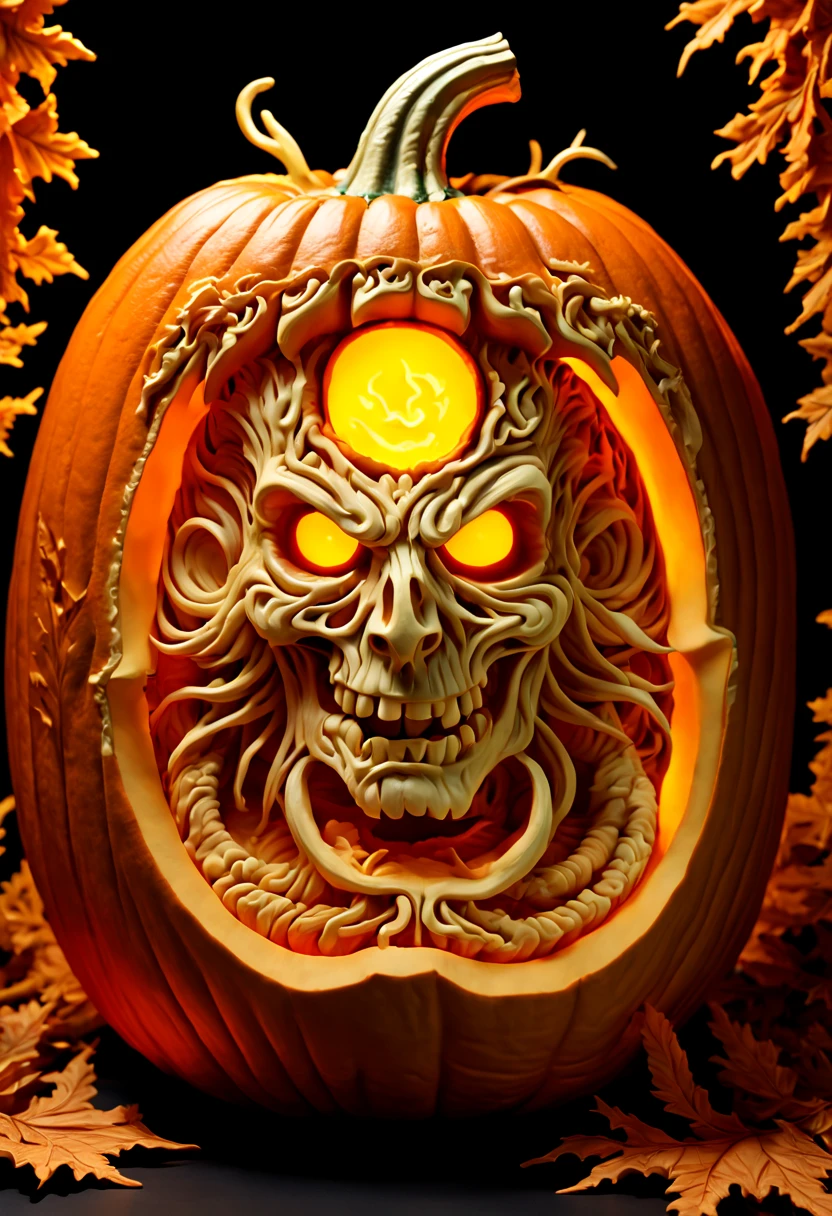 3D model carved Hellscape inside a Pumpkin, halloween background, carved by mark ploog, carved by Gustav, dore intricate elaborate, detailed fantasy, colorful lighting inside carved pumpkin, fall background, award-winning carved pumpkin, national geographic photograph