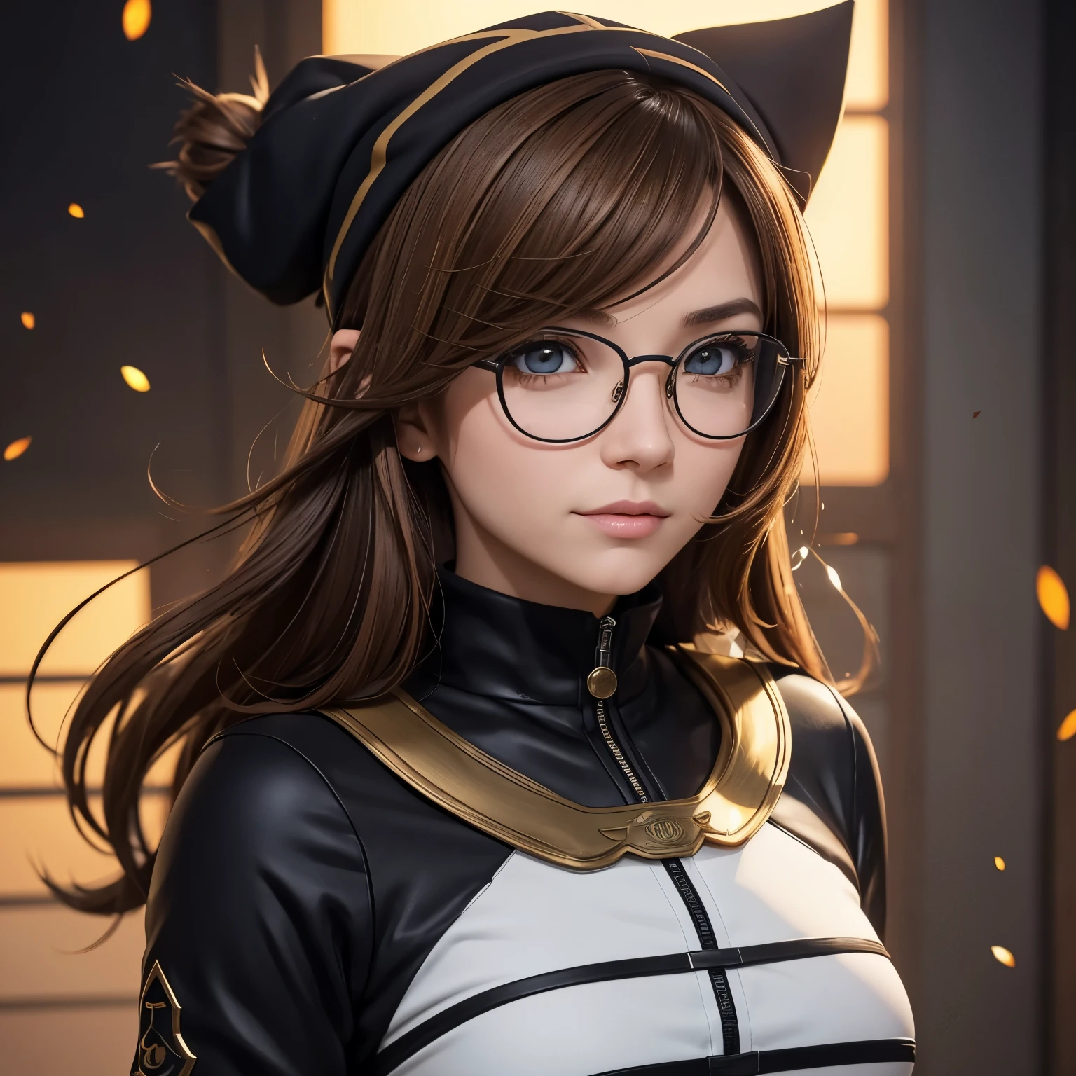 Wide angle shot, beautiful female fighter, wearing large glasses, black undercut hair, wearing large iron gloves, black and yellow Turtleneck outfit