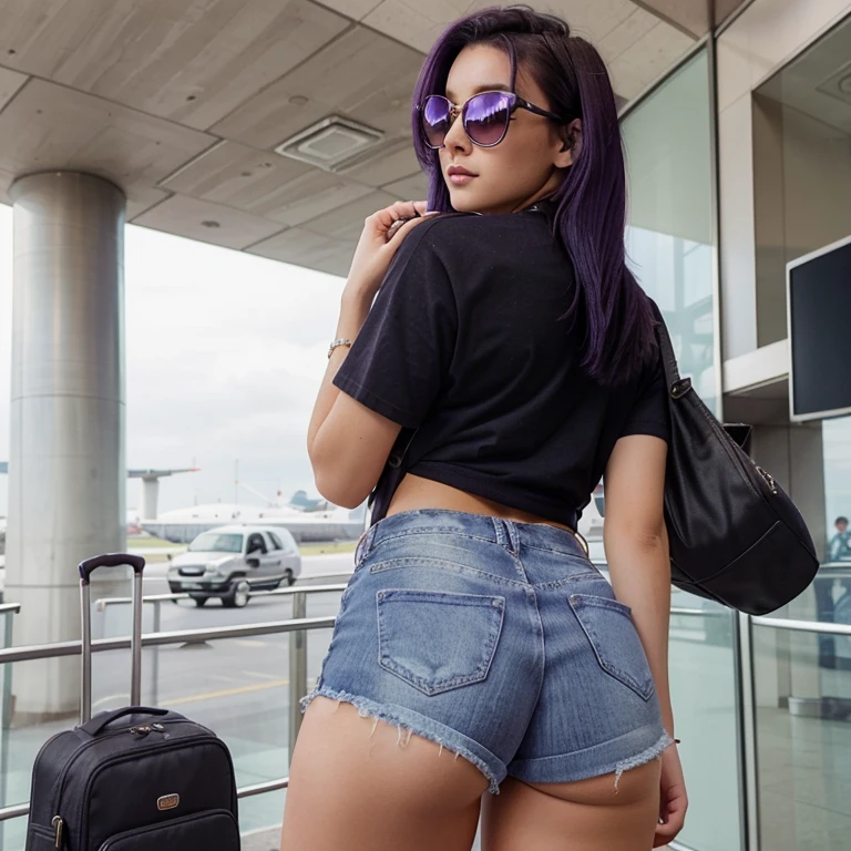 Super attractive 21 year old girl with very dark purple hair taking a picture at the airport in NY with a backpack and sunglasses. Wearing a mini sexy jeans short where you can see the line of the ass en leg