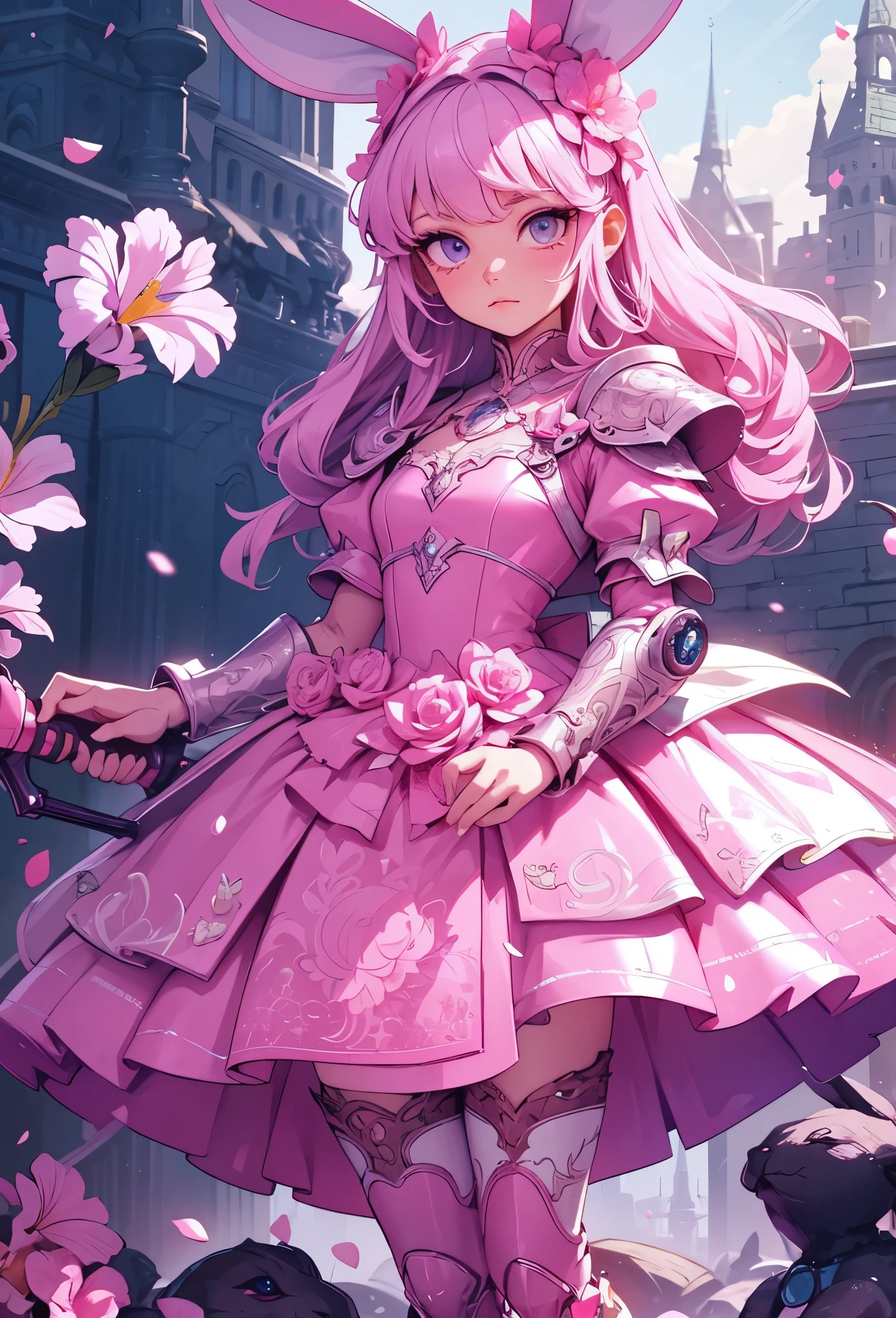 (detailed illustrations,Very detailed and precise drawing,Delicate drawn lines with tempo,Realistic texture expression),[color traced main line],(fantasy world battlefield [burning castle]),(GIRL ROBOT  (pink rabbit [METALFACE[lenticular iris]])) [WEAPON MACHINE],(([petal] metal dress [frills]) [flower pattern] [Clear pink translucent armor that covers the body surface]) [ribbon]) [Energy tubes that glow at the joints],[use a sledgehammer as a weapon],[[Mobile Weapon Gigant Size][science fiction mechanical]],(Metallic luster on metal parts),(intricate and beautiful decoration [Dense detail]),(Precisely drawn face)[perfect eye details(Beautifully detailed iris)[eyes like jewels]],[long and beautiful eyelashes],[precisely drawn hair [Beautiful and shiny hair details]],(perfect hand details [Beautiful fingers with no damage [beautiful nails]]),(perfect anatomy(perfectly balanced proportions))[[full body portrait]],[ideal color coordination(Accurate simulation of light and material interactions)],[Visual art that tells a story].