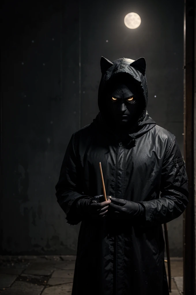 Create an image of a nocturnal character inspired by Moon Knight, but instead of the moon, he's associated with art. The character wears a dark, mysterious costume, with artistic motifs on his coat. Make sure the character's face is visible, highlighting his unique nocturnal expression. He holds a brush or pencil in one hand, ready to create art in the dark of night. The background should reflect a nocturnal atmosphere, with stars and artistic sparkles.
