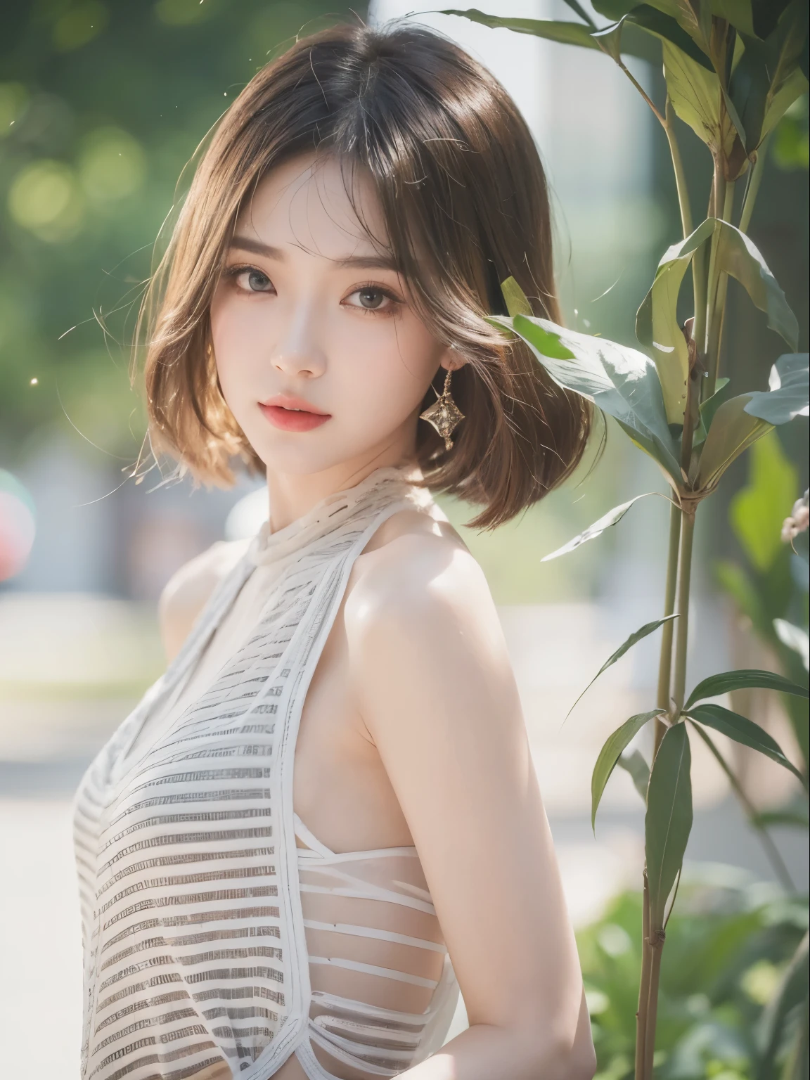 Highly detailed CG Unity 8k wallpaper, top quality, super detailed, masterpiece, realistic, photorealistic, very detailed cute girl, (25 years old), blush, round eyes, (bob cut), semi-body shot, (white wedding dress),